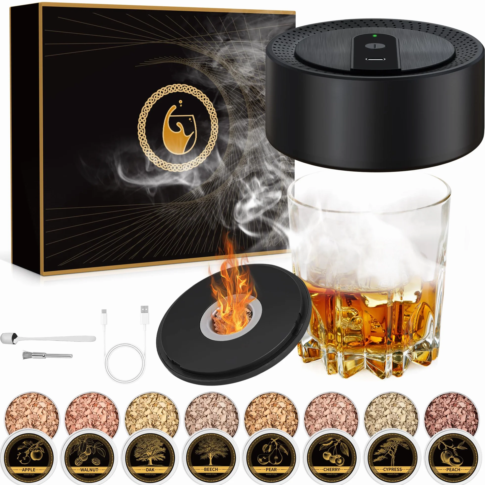 Kit Ahumador Eléctrico Para Cócteles, Ahumador Whisky Old Fashioned Con 8 Sabores de Virutas de Madera, Recargable USB-C Para Bebidas, Bourbon, Cócteles, Vino, Café Y Alimento, Regalo hombres
