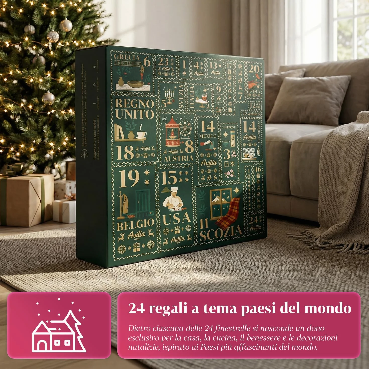 Wintem Calendario de Adviento con 24 regalos temáticos de países del mundo para el hogar, la cocina y el bienestar, idea de regalo original de Navidad con juego de ganso integrado y paquete de lujo