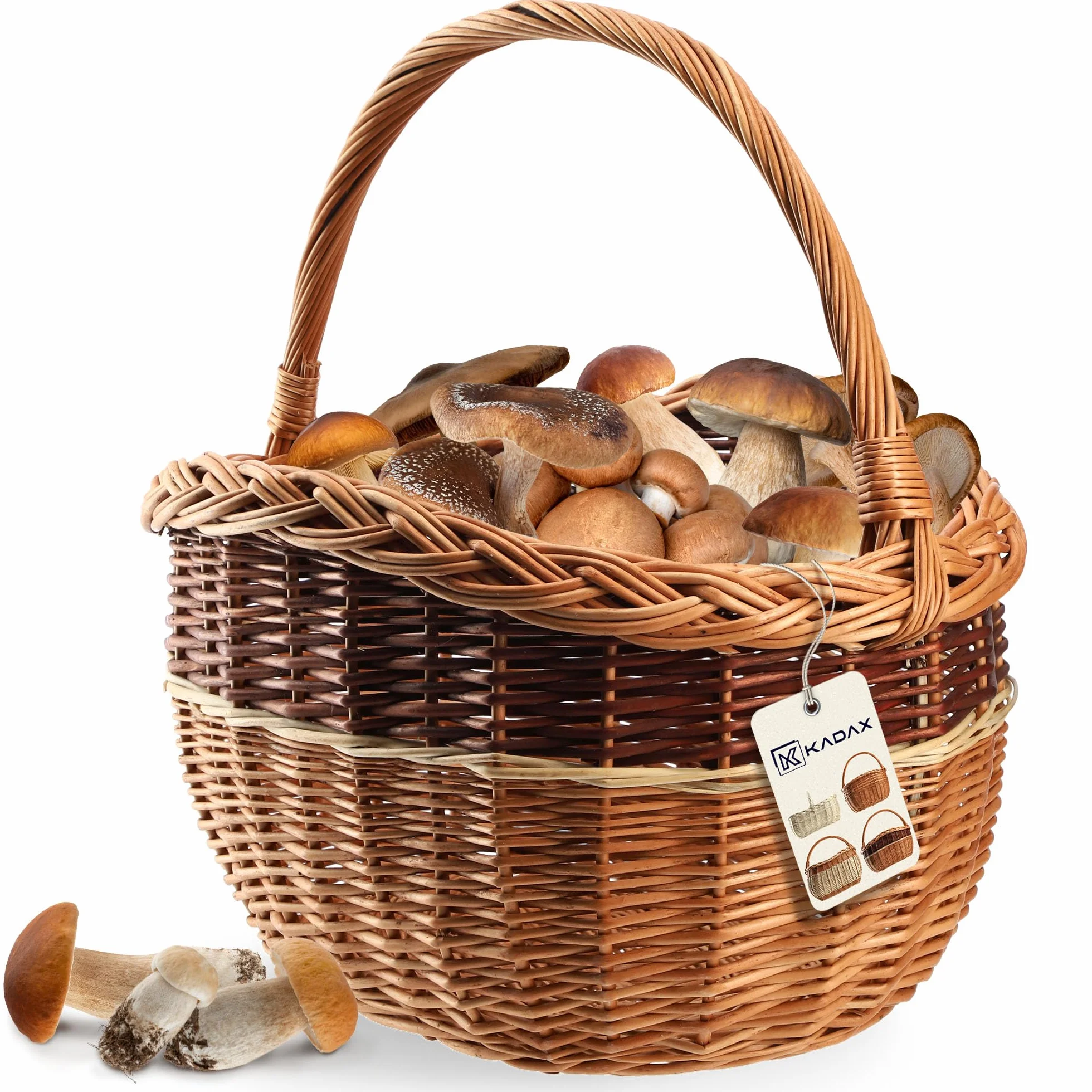 KADAX Cesta de mimbre para setas, compras, picnic, ovalada, marrón, mango de madera de sauce, 43 x 30 x 43 cm