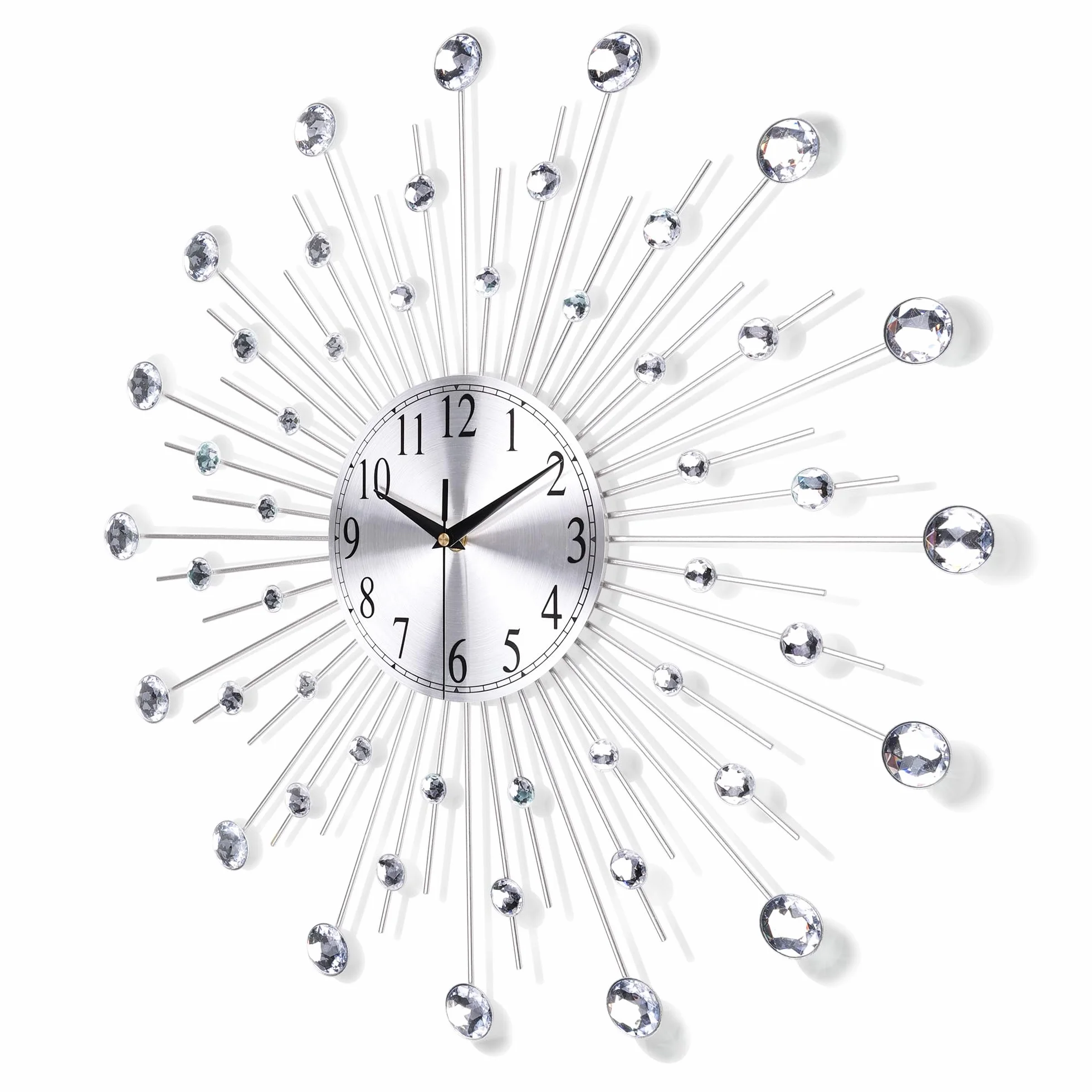 Lafocuse 56cm Reloj de Pared Estrellas de Strass Grande Salon Moderno Plateado, Silencioso Metal Decorativo Reloj Cuarzo 3D Sunburst Mid Century Creativo para Cocina Dormitorio Comedor Oficina