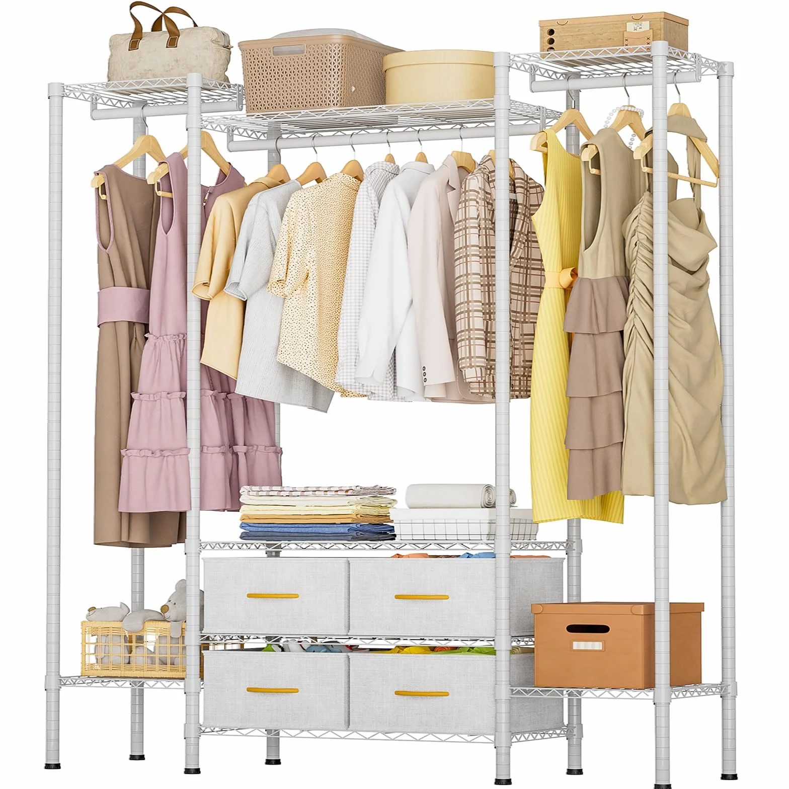 Himimi Perchero con 4 Cajones, Armario Abierto con 3 Barras para Ropa & Estantes de Altura Regulable, Estructura Metálica Resistente para Dormitorio, Lavadero, Balcón 154x40x180cm Blanco