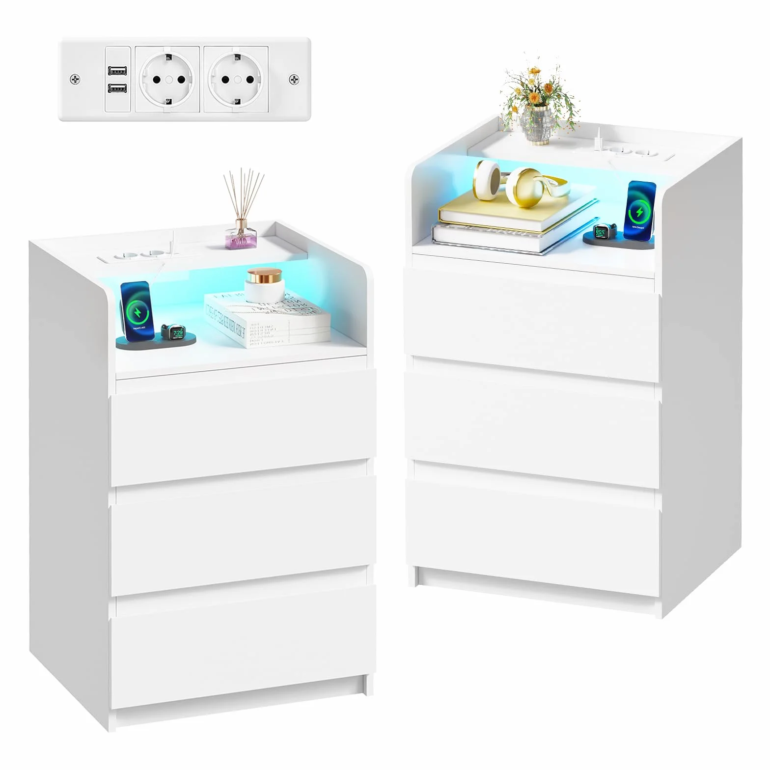 ANWBROAD Mesita de Noche con Enchufes Integrados,Mesilla de Noche con Tira de Luces LED,3 Cajones 1 Compartimento,Mesita de Noche Moderna para Dormitorios Salones (2, Blanco) BNS014W