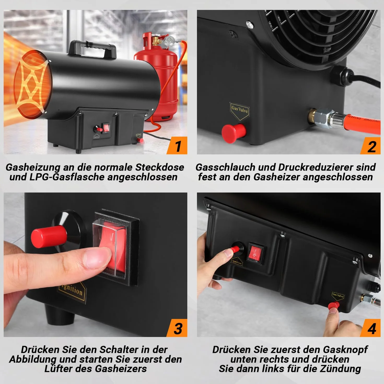 Calefactor de gas de 30 kW con manguera de conexión y regulador de presión de gas de 700 mbar, superficie efectiva: 450 m², para obras, almacenes ventilados, garajes, etc