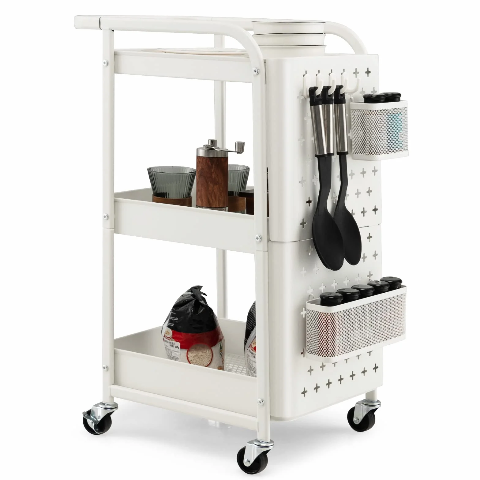 Giantex Carro Móvil de Metal de 3 Niveles, Carro con Tablero de Clavijas, Cestas de Almacenamiento, Ganchos, Carro de Servir con 4 Ruedas, para Cocina, Baño, Oficina, 52 x 33 x 75 cm (Blanco)