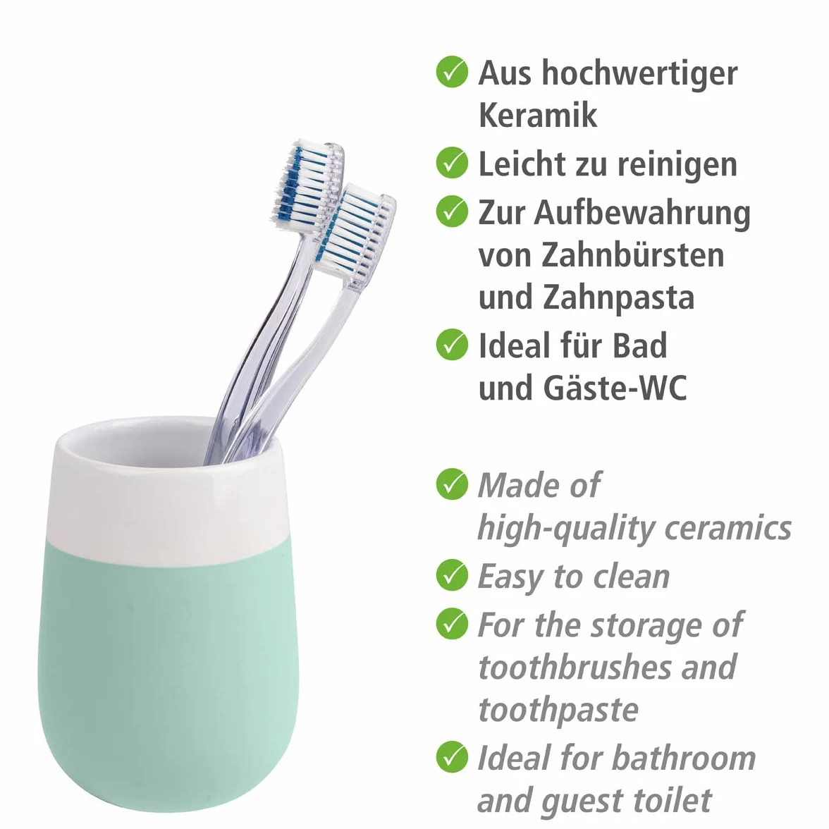 Wenko Malta Vaso Cerámica Verde Menta 8x8x11 cm para Cepillos de Dientes