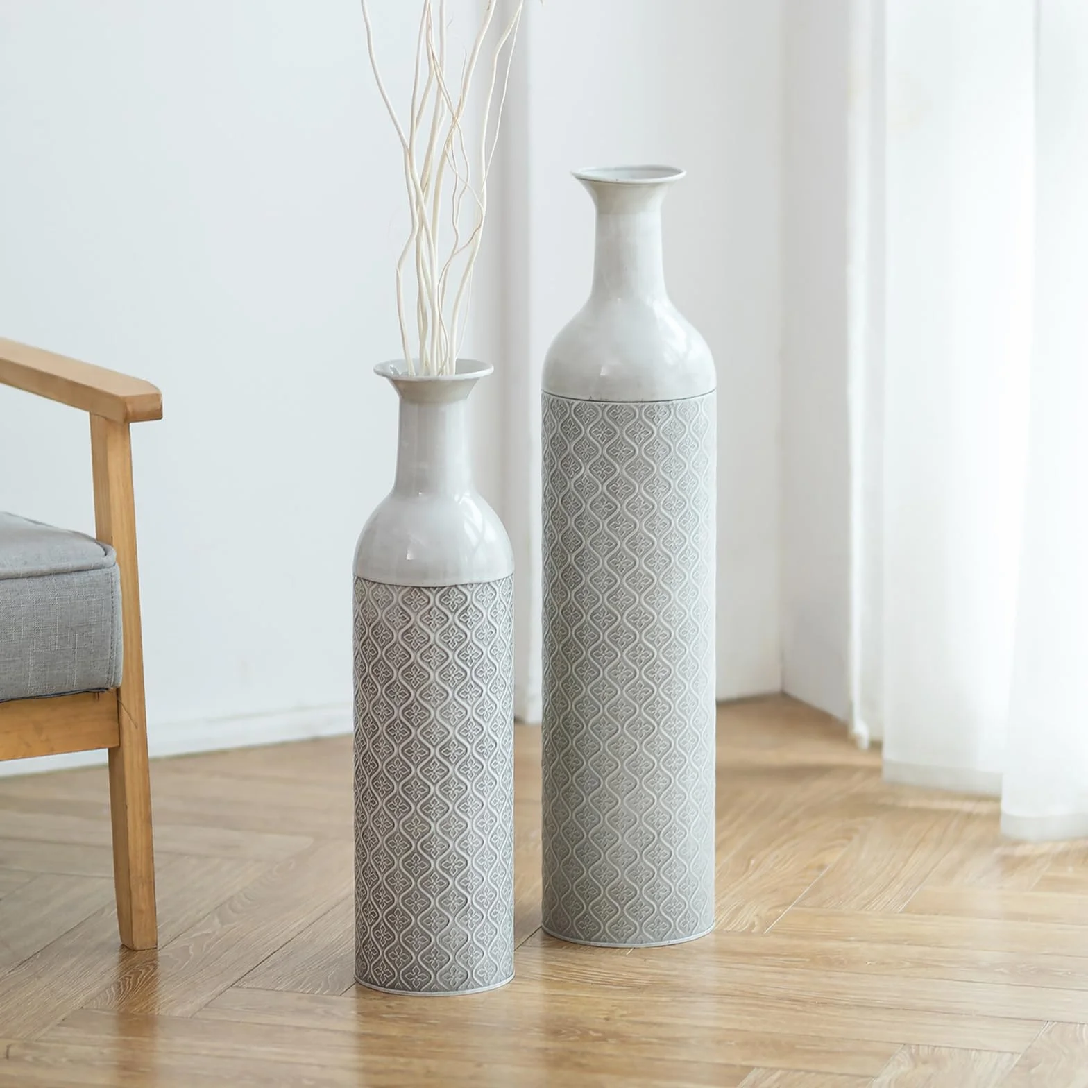 Sziqiqi Jarron Alto Decoracion Suelo - 55/70cm Florero Extra Grande Juego de 2 Jarrons Grandes de Metal para Pampas Ramitas Jarron Vintage Gris de Gran Tamaño para Sala de Estar Dormitorio Casa