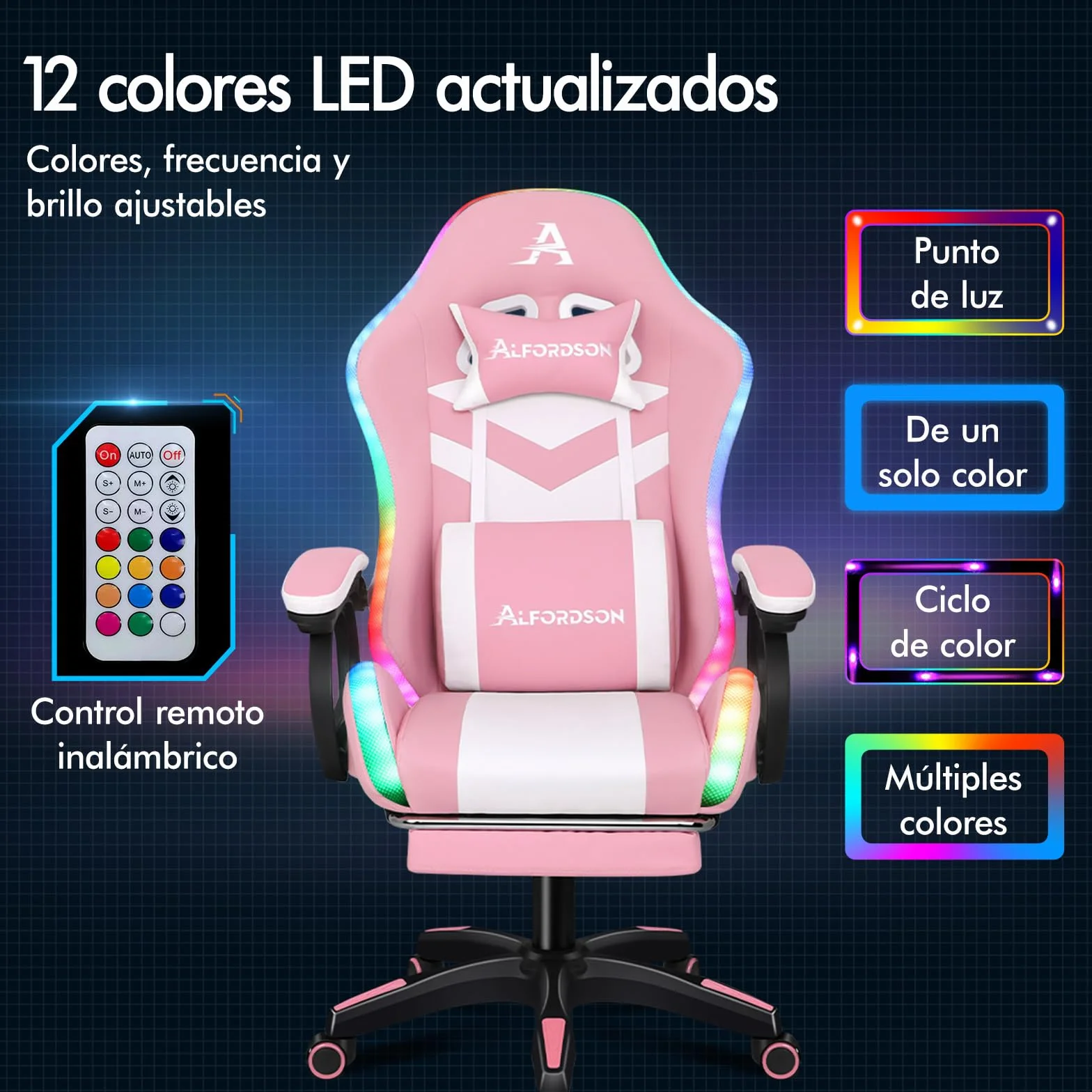 ALFORDSON Silla Gaming con Masaje y LED, Silla Gamer Ergonómica con Cojín Lumbar y Cervical, Reposapiés Telescópico, Iluminación para Ordenador, Videojuego, Juegos, Oficina, Cuero PU(Rosa)