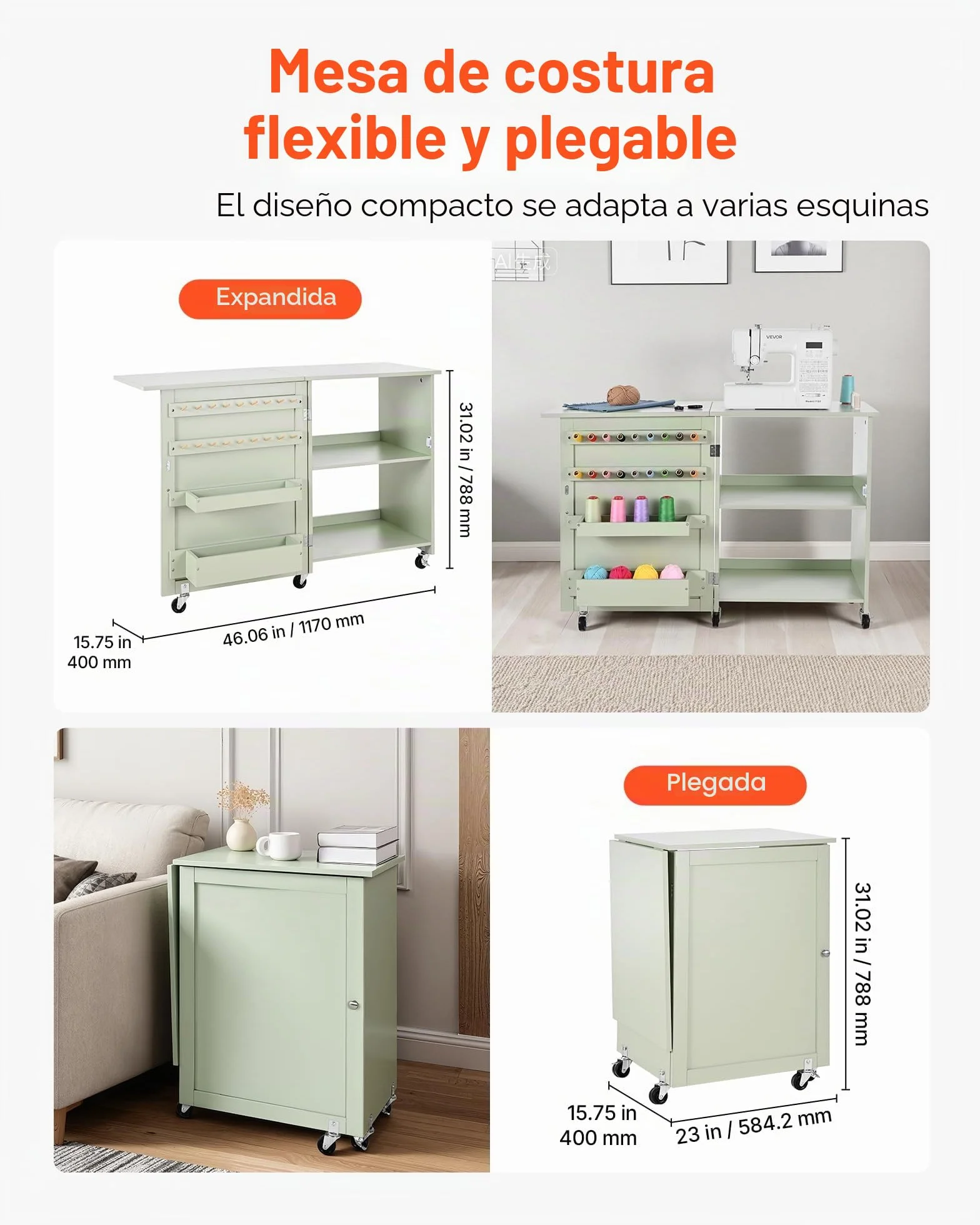VEVOR Mesa de Costura Plegable, con Diseño Compacto, Compartimentos de Almacenamiento, Abrazaderas de Madera y Cierre Magnético, para Estudio de Moda, Estudio de Arte y Hogar, Color Verde Claro