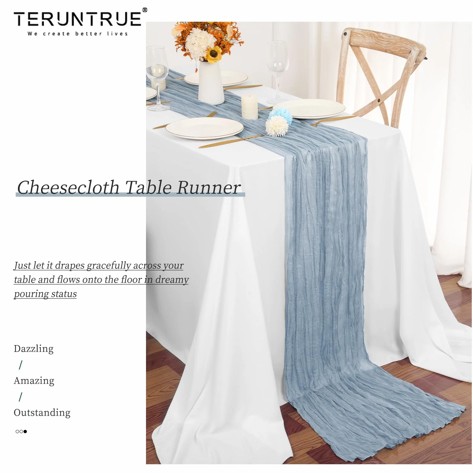 Teruntrue Pack de 20 Camino de Mesa Azul Polvo 45x275 cm, Gasa Transparente Boho para Boda, Ducha de Novia, cumpleaños, hogar, jardín, Granja