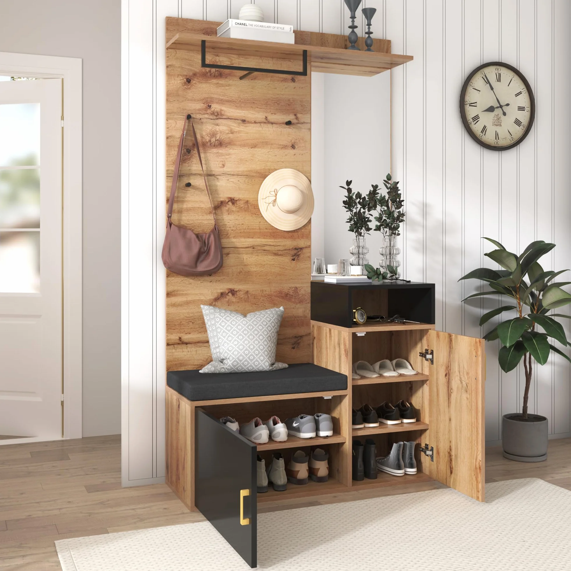 Moimhear Perchero de Pared, Conjunto de Armario con 4 percheros, Espejo, Zapatero, Armario de Pared (Color Madera+Negro(105x40x191.5cm))