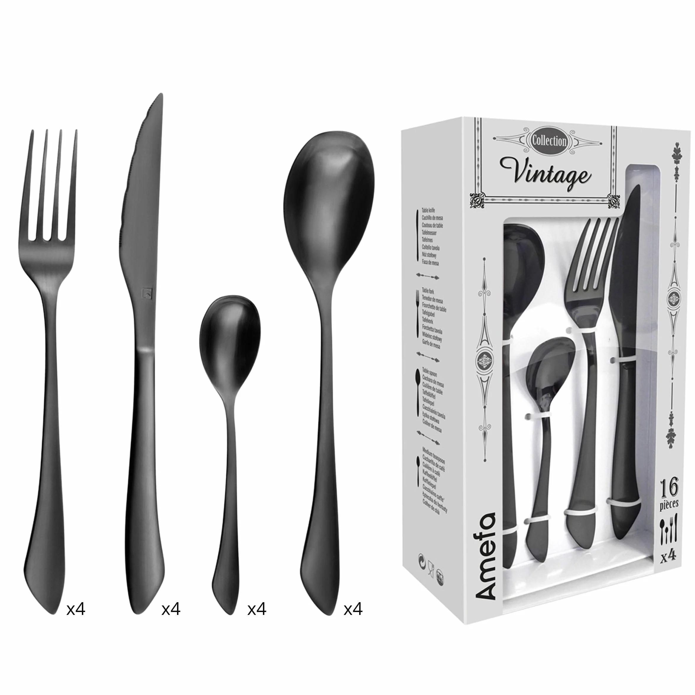 Amefa Instinct - Cubertería (16 piezas), color negro mate