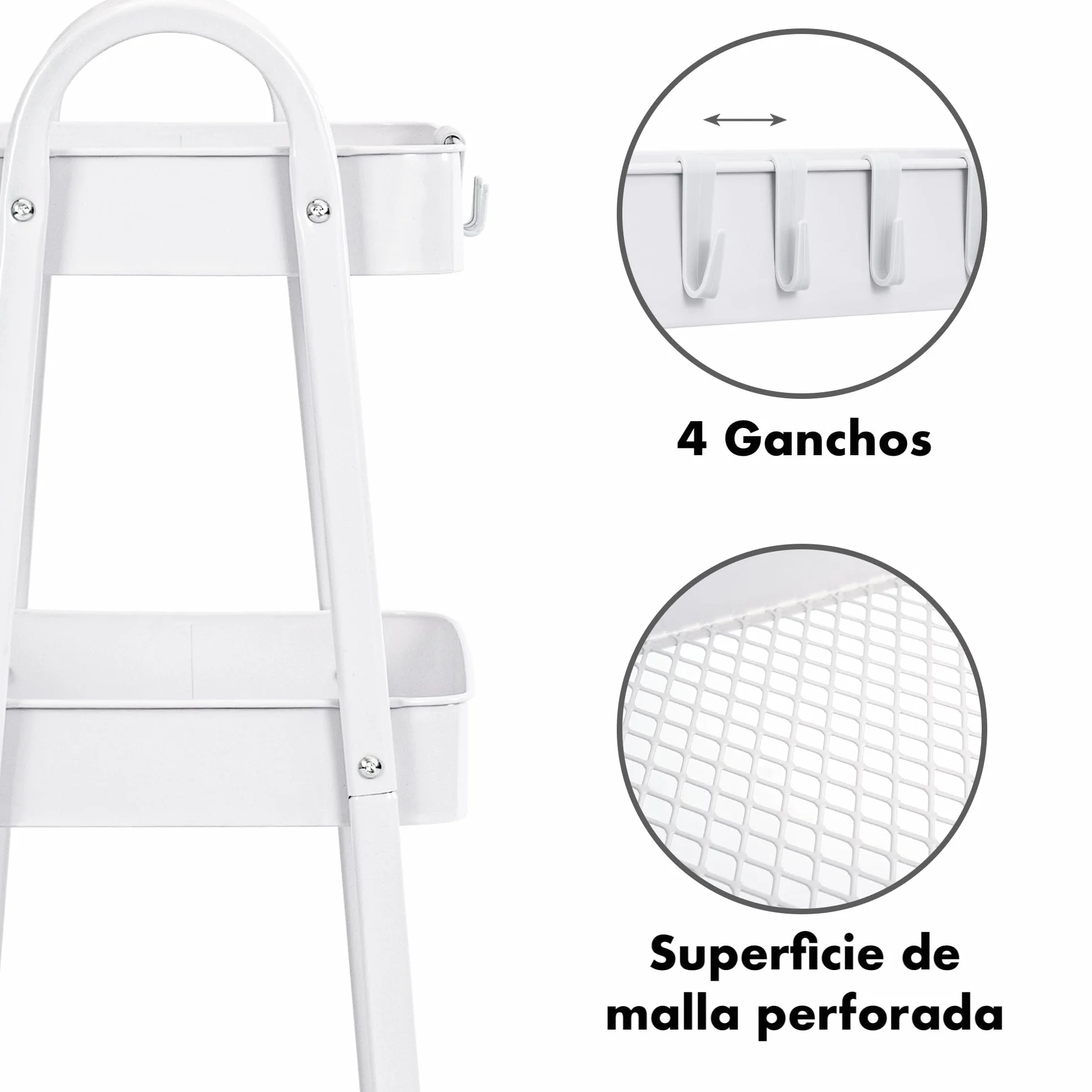 Carro de Cocina Metálico con Ruedas Carrito Auxiliar Multiuso 3 Cajones Almacenamiento Blanco