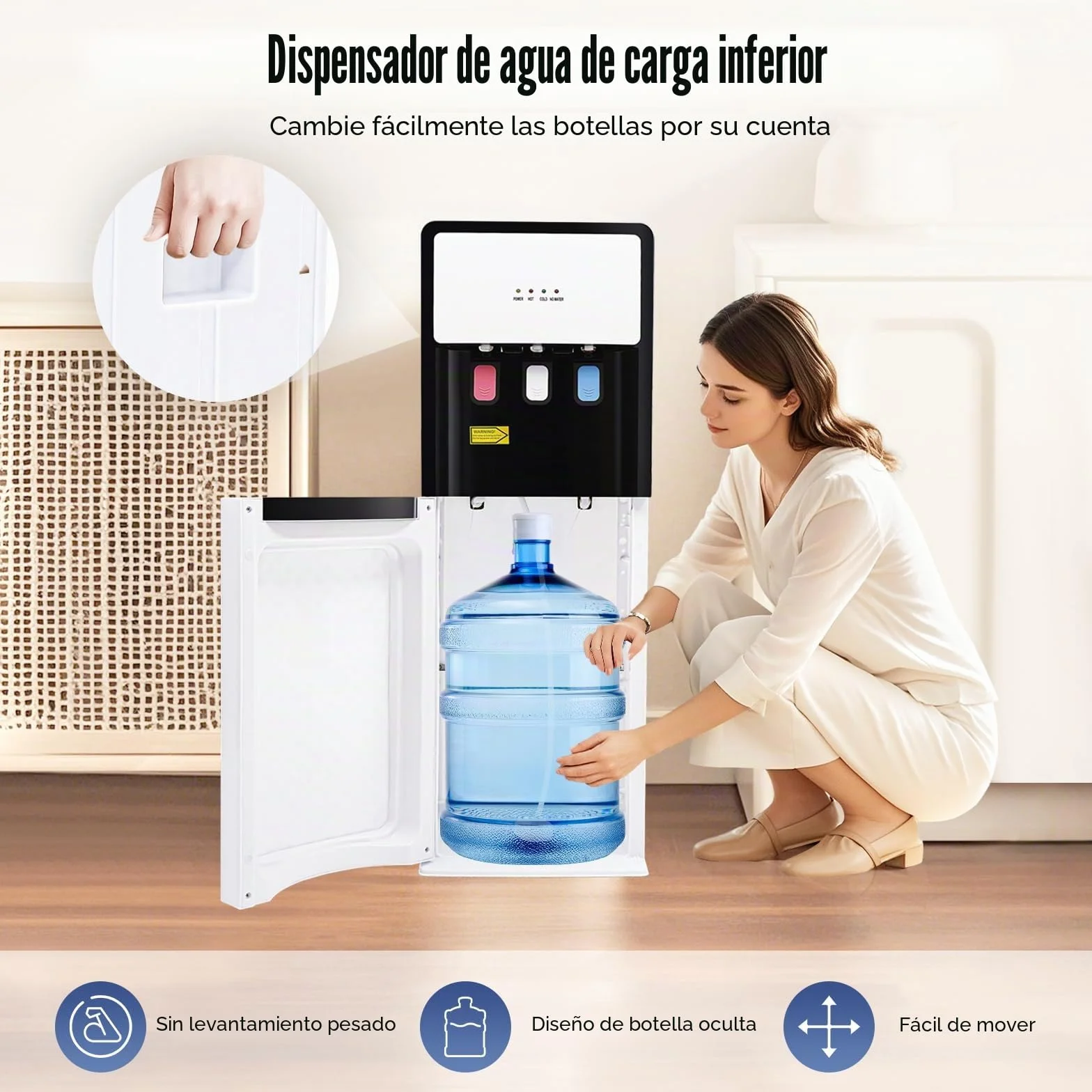Dispensador de agua con carga inferior, dispositivo de pie con función de calefacción y refrigeración, 3 salidas separadas para agua caliente, fría y temperatura ambiente para el hogar y la oficina