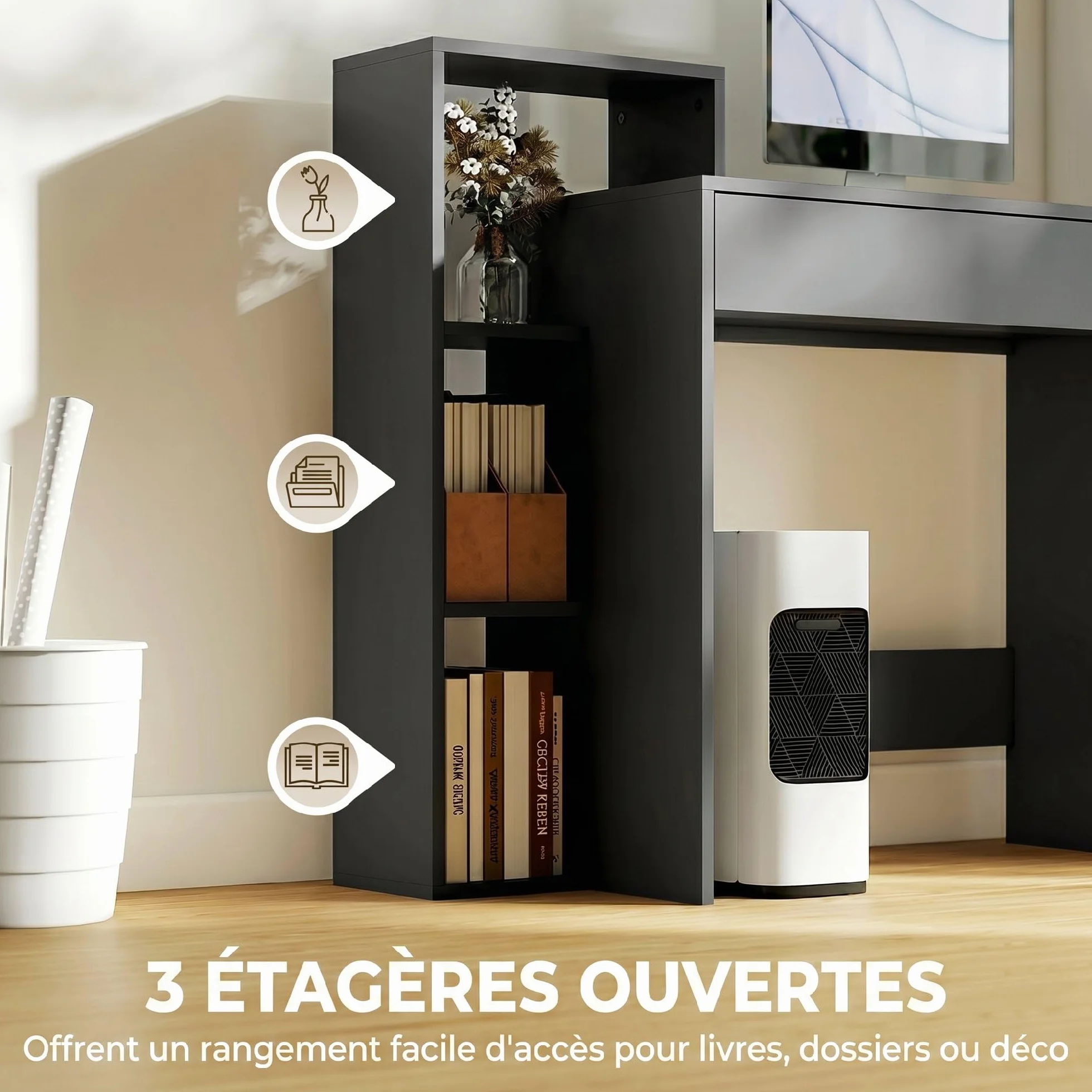 HOMCOM Escritorio con Almacenamiento, Escritorio PC, 100x40x90 cm, Negro | con 3 estantes, cajón, estación de trabajo, Escritorio de computadora para teletrabajo, sala de estar