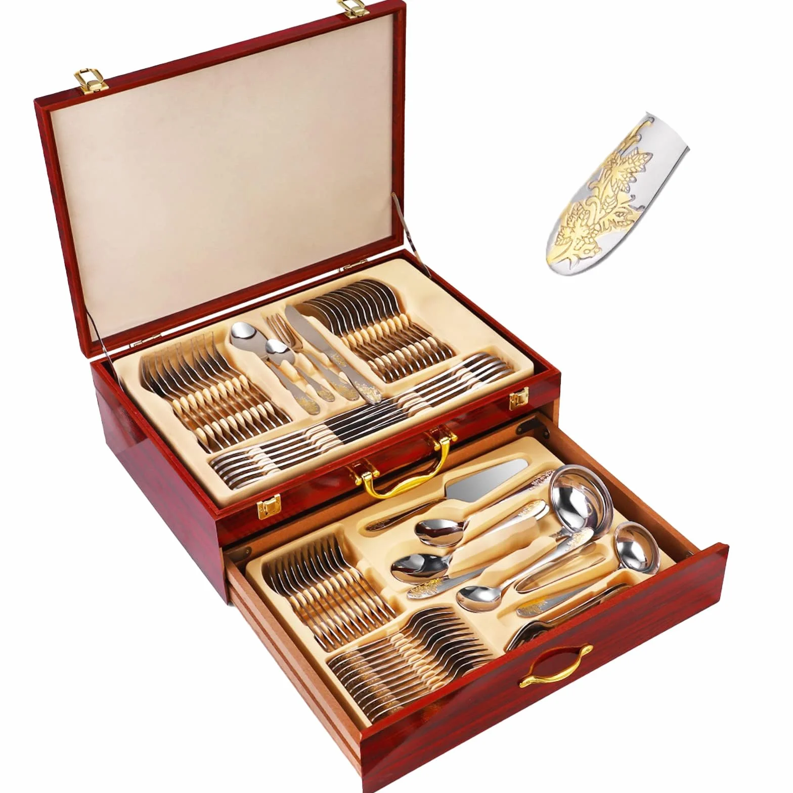 Juego de cubiertos de acero inoxidable para 12 personas, cubiertos completos con cuchillos, tenedores y cucharas, elegantes utensilios de comedor en caja de regalo de madera, ideal para varias