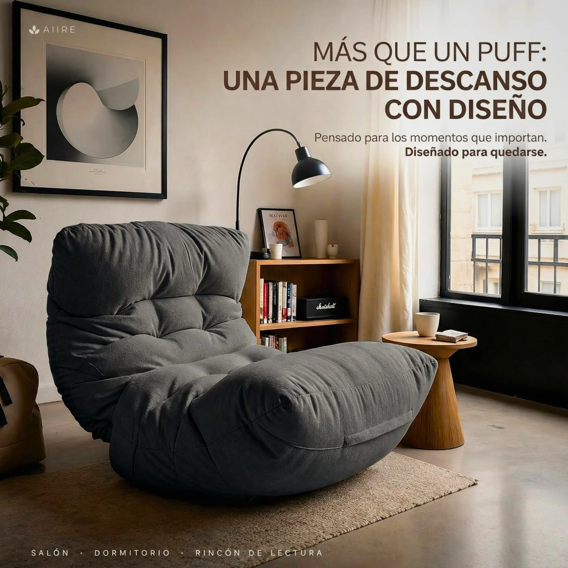 Aiire Puff Salón XXL de Diseño - Sillón Puf con Relleno Incluido para Adulto - Bean Bag Chair Premium para Dormitorio - Funda Desenfundable y Lavable Gris Oscuro