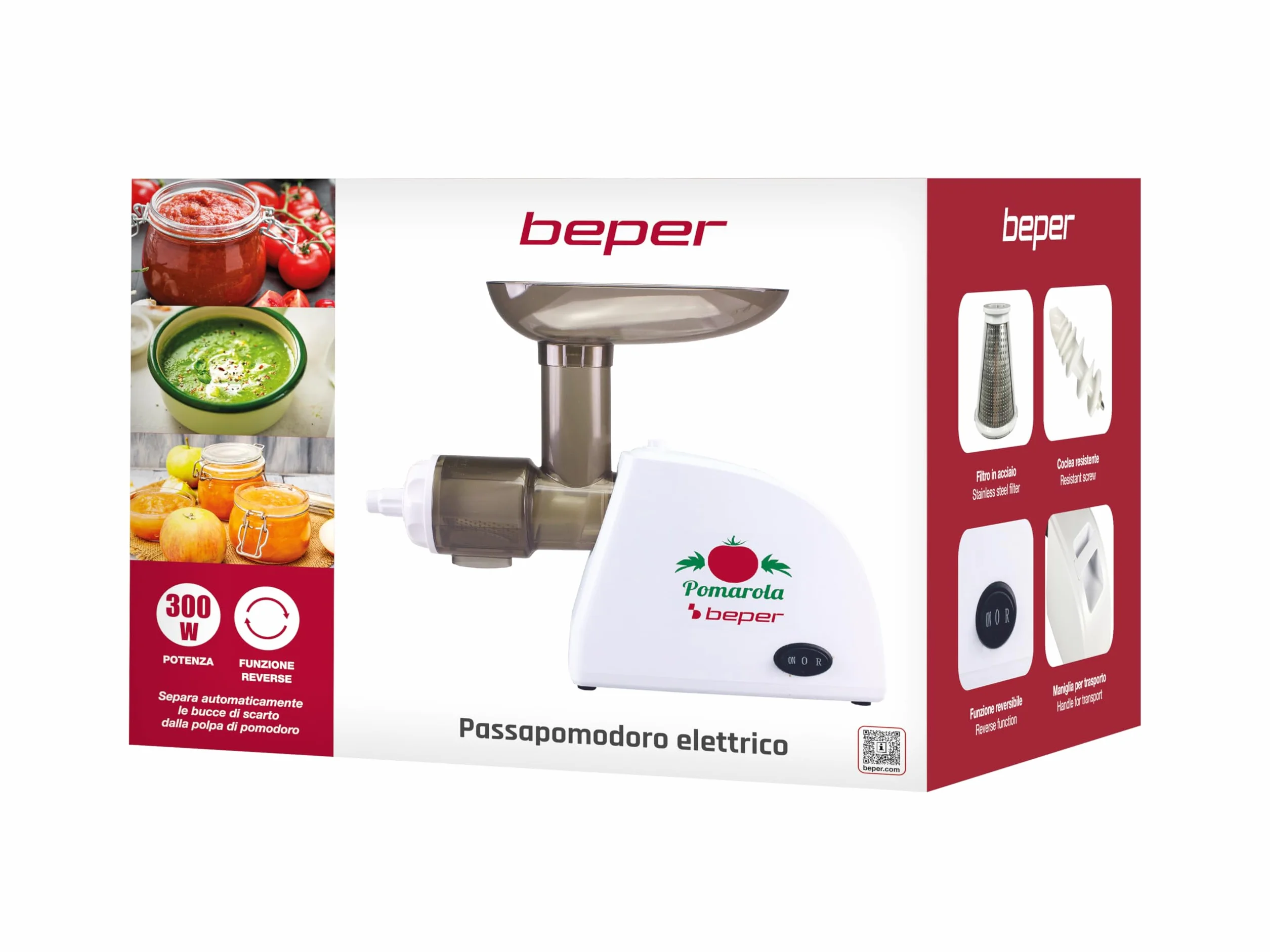 BEPER BP.720 Trituradora Tomate Electrica de Acero Inoxidable - Exprimidor de Tomates, 300 W