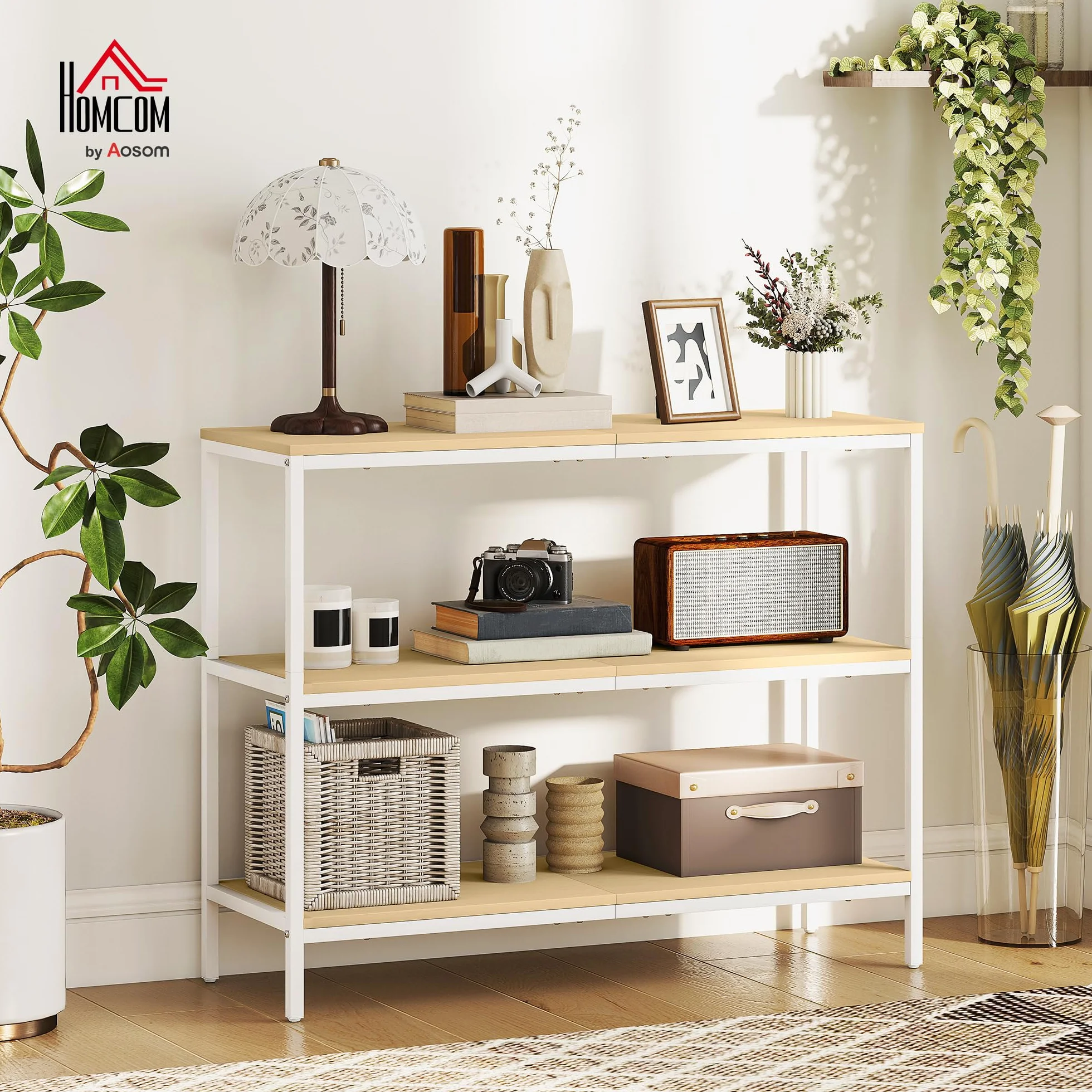 HOMCOM Mesa de Consola Estrecha Moderna 101x35x80 cm Natural y Blanco | Consola de Recibidor, Mesa de Recibidor, 3 Estantes Abiertos, Patas de Metal, Pasillo Entrada Salón Dormitorio