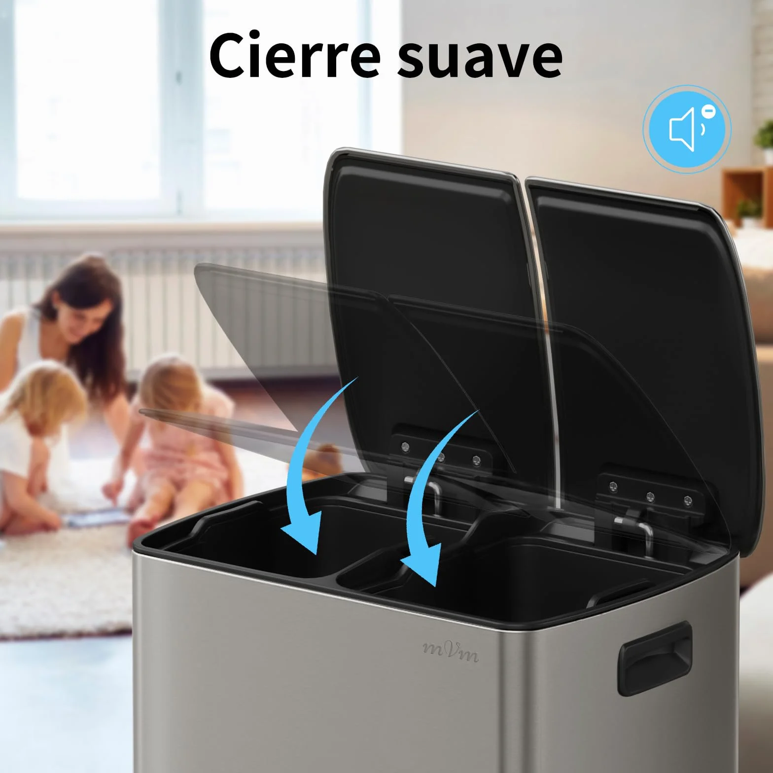 mVm Cubo de Basura Reciclable, Basurero de 60 L, 2 Compartimentos 2 x 30L con Pedal y Tapa de Cierre Suave, Papelera Moderna y Robusta, para Cocina, Salón, Gris