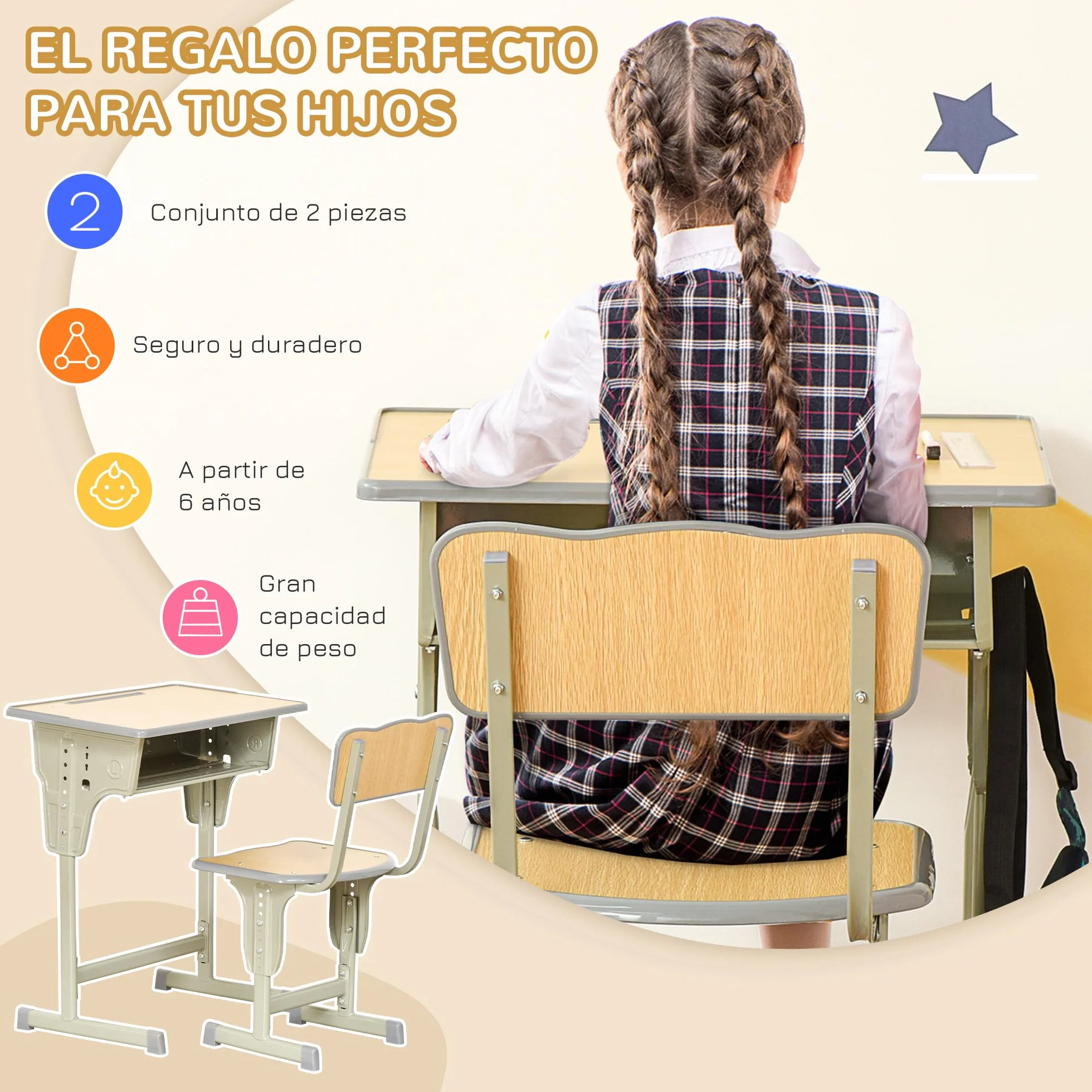 HOMCOM Juego de Escritorio y Silla para Niños +6 Años Altura Regulable con Gancho y Cajón Madera Natural