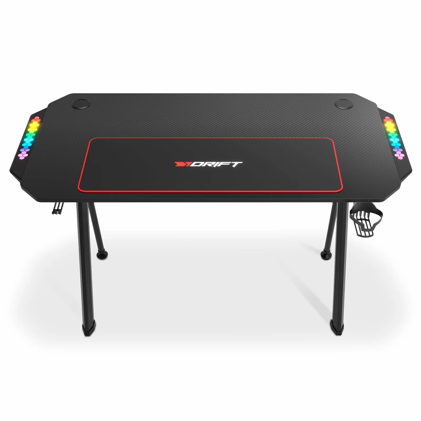 Drift Gaming DRDZ175RGB – Mesa Gaming con Tablero de Fibra de Carbono, Laterales RGB reactivos al Sonido, Alfombrilla XL, Soporte para Bebidas y Auriculares, Color Negro