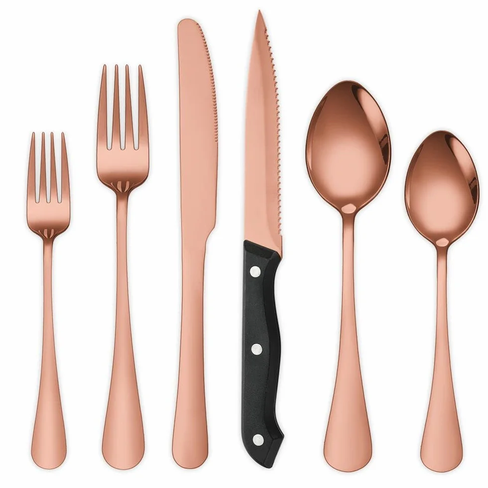 (24 piezas) Juego de cubiertos de cocina de acero inoxidable para 6, cuchillo de carne, tenedor, cucharaditas, comida occidental, postre, banquete, hotel, restaurante (oro rosa)