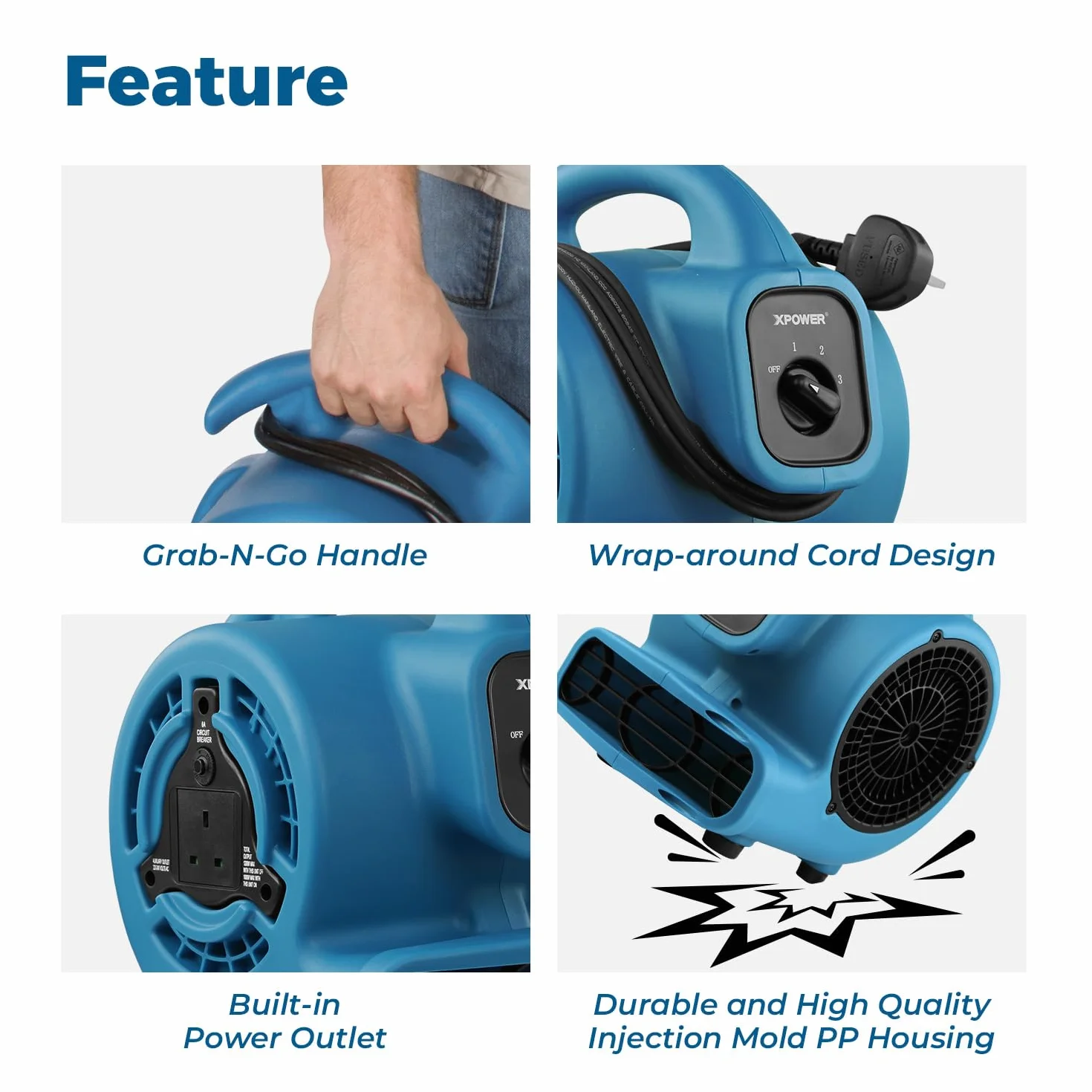 XPower P-80A Mighty Centrifugal Air Mover, Carpet Dryer, Floor Fan, Blower, Stackable, Daisy Chain, for Water Damage Restoration, Janitorial, Plumbing, Home Use