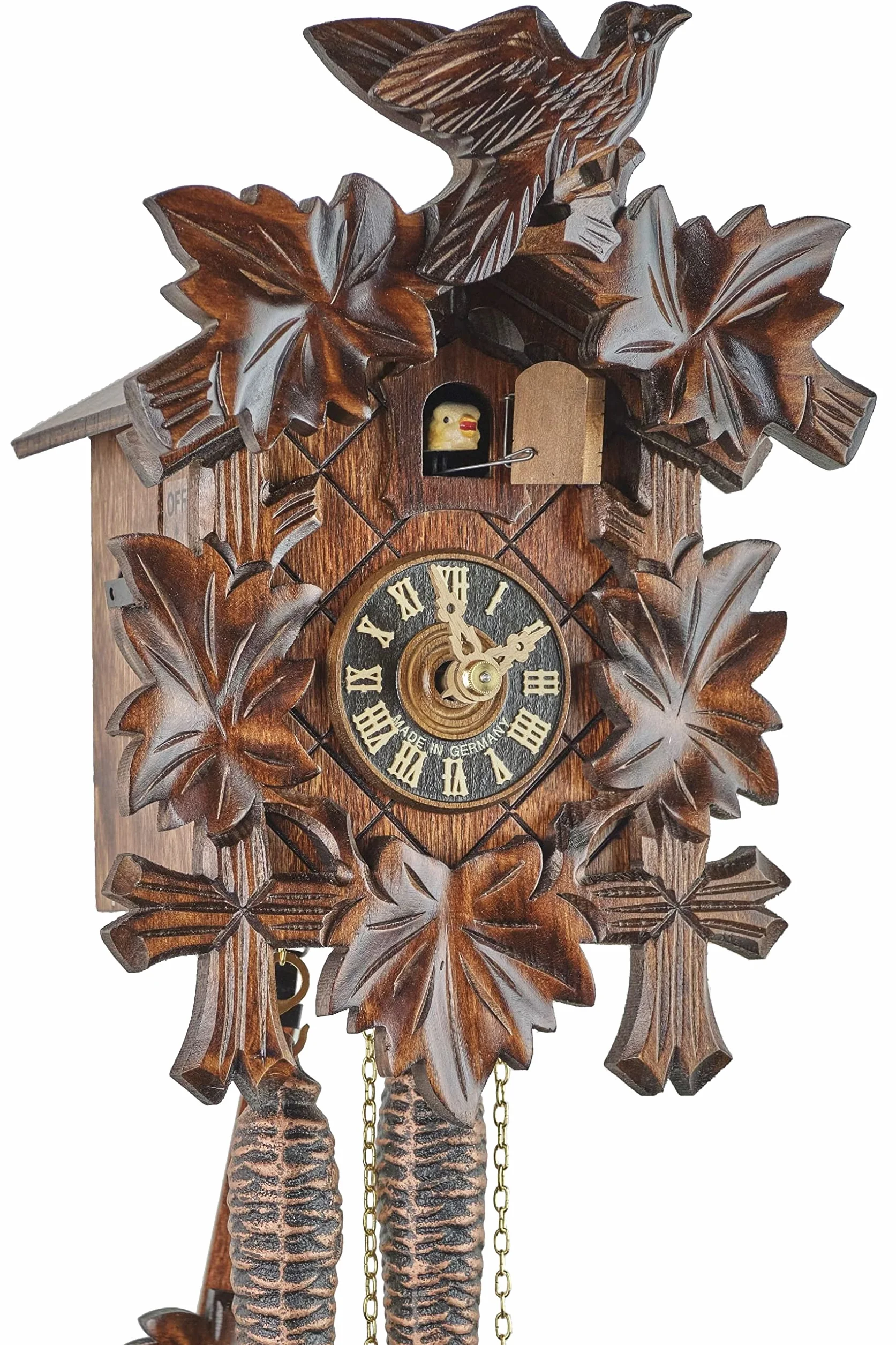 Reloj de cuco original del bosque negro de madera con mecanismo mecánico de 1 día y certificado VDS – del fabricante de relojes Eble – Eble de cinco hojas, 23 cm - 11311
