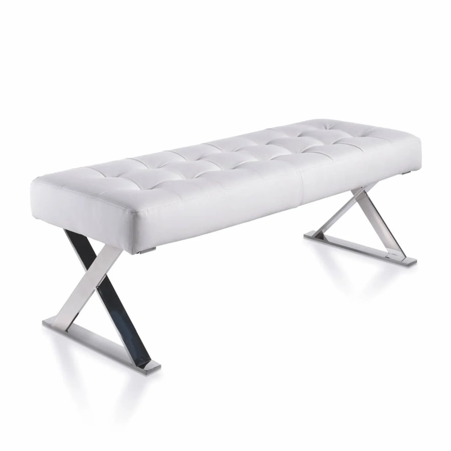 Angel Cerdá - Banqueta Descalzadora - Tapizada en Polipiel Blanca - Patas Cromadas en Forma de Aspa y Capitoneado - Diseño Moderno - Banqueta Auxiliar para Dormitorio - 120 x 45 x 42 cm