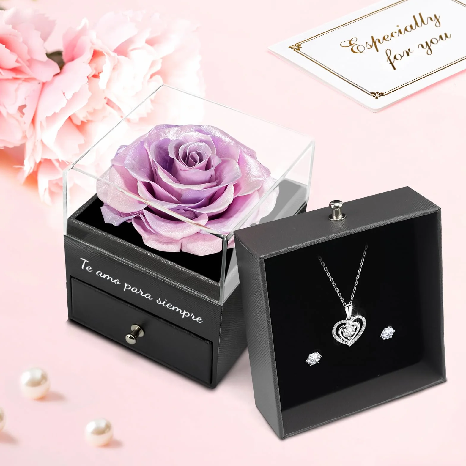 Miofula Flores Preservadas Caja de Regalo con Collar y Aretes para Mujer