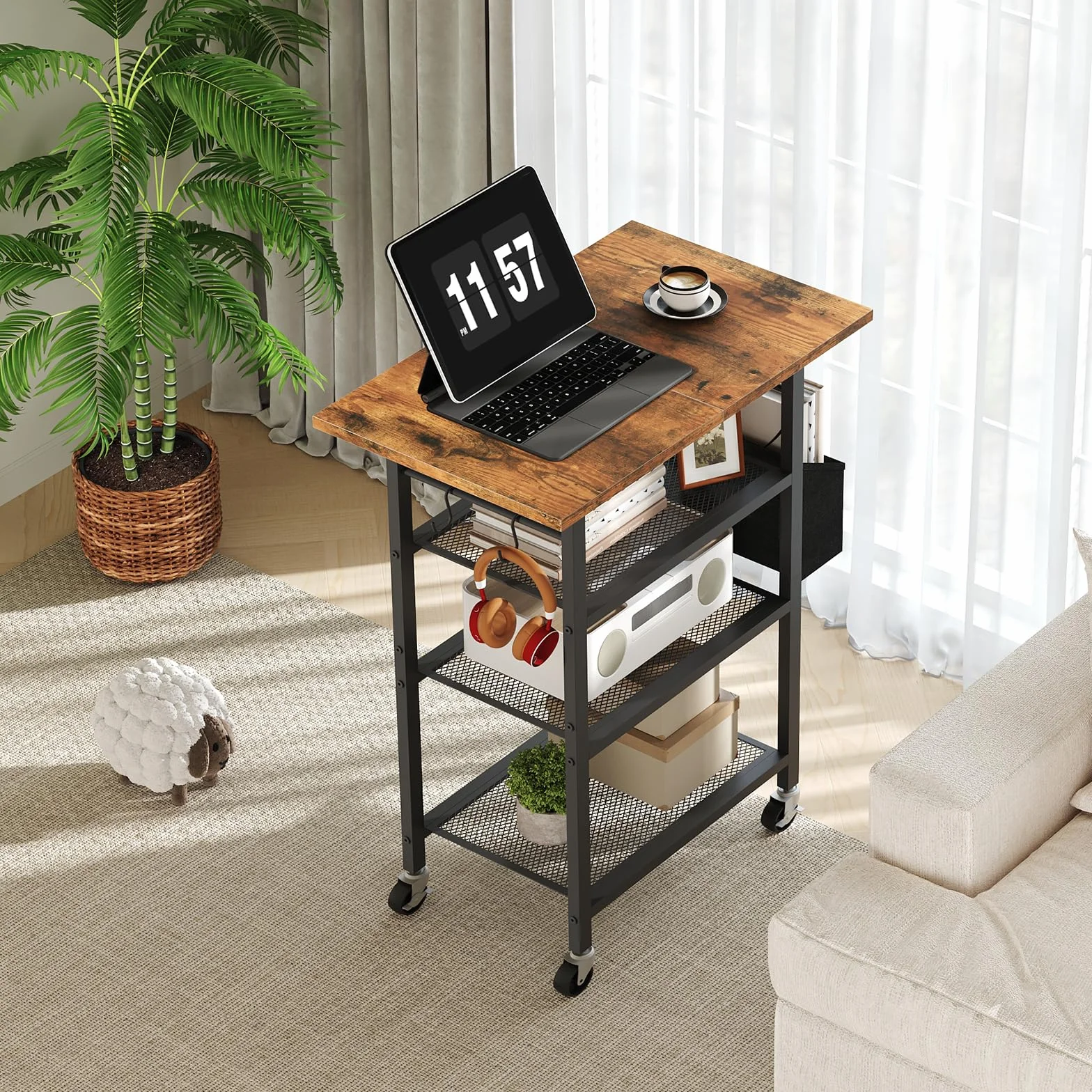 MAHANCRIS Soporte de Impresora de 4 Niveles, Mesa de Impresora con Ruedas, Estantería de Estilo Industrial, con Bolsillo Lateral, Estantes de Rejilla Metálica, 2 Ganchos,Marrón Rústico y Negro
