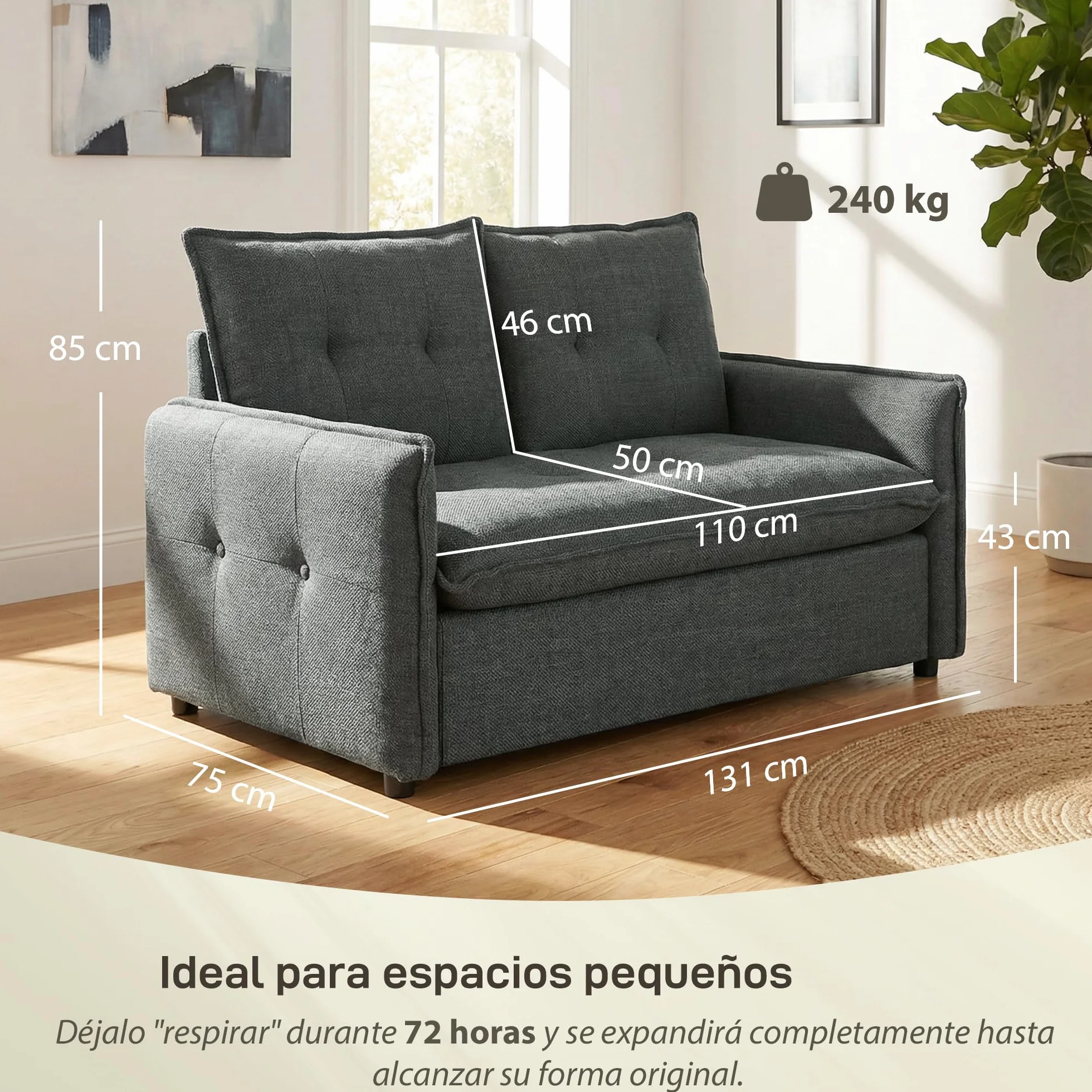 HOMCOM Sofá de 2 Plazas, Tapizado en Lino, Sofá Moderno con Acolchado Grueso, Diseño Capitoné, para Espacios Pequeños, Salón, Dormitorio, Oficina, Sala de Estar, 131x75x85 cm, Gris Oscuro