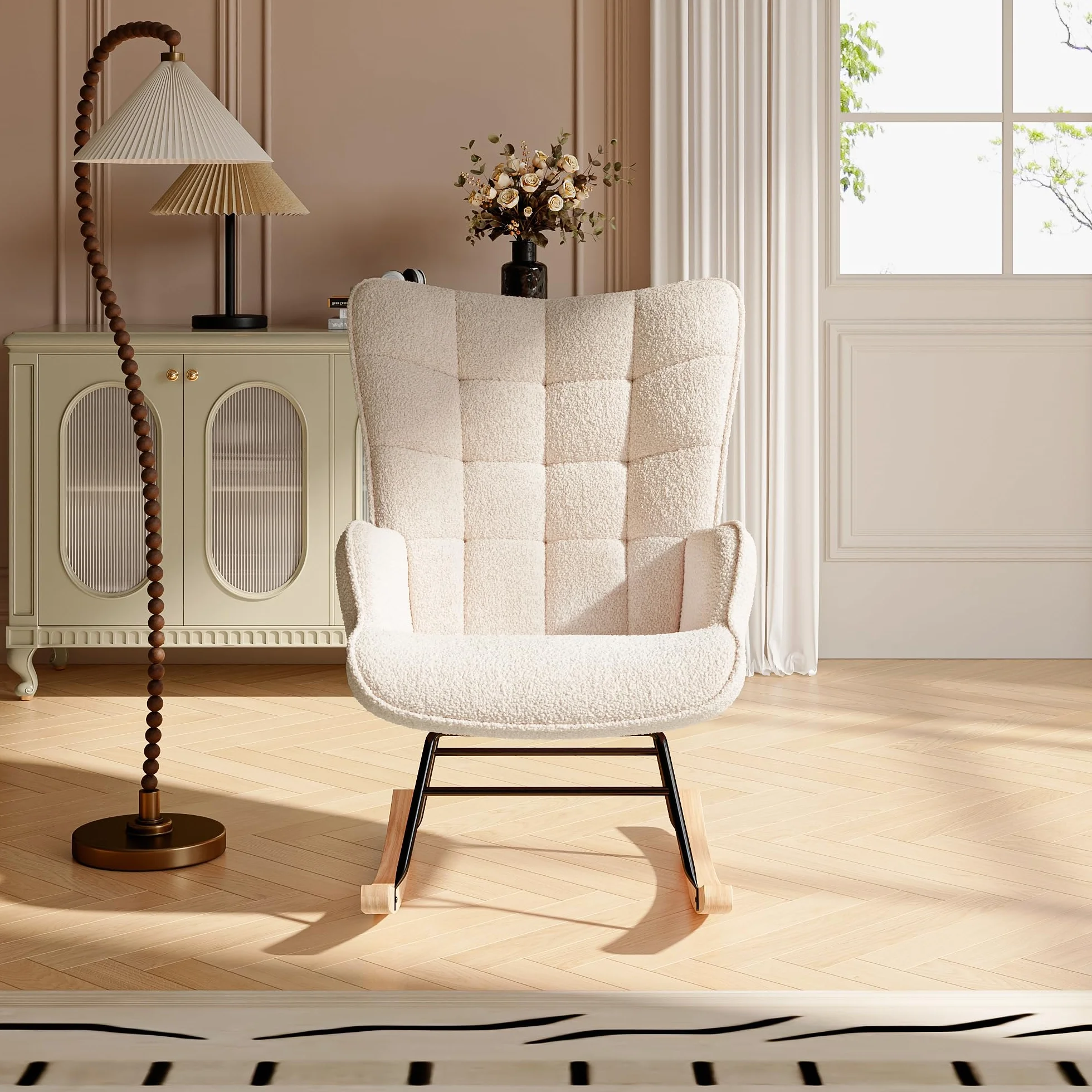KeepGoon Mecedora para dormitorio, salón, columpio, silla de relax, silla balancín, silla de acento para dormitorio, salón, mecedora de terciopelo de peluche con respaldo a cuadros (beige)