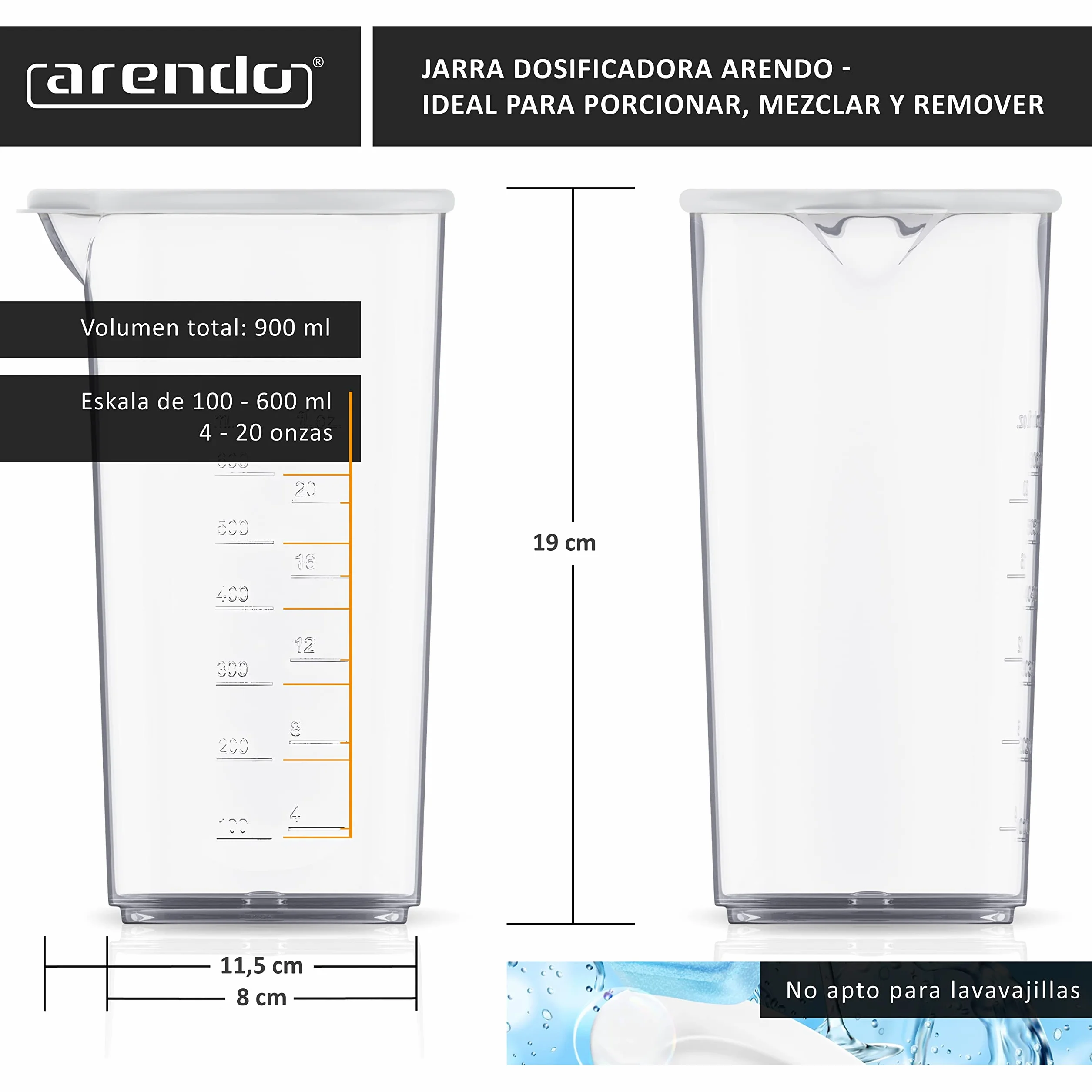 Jarra dosificadora de plástico graduada 600 ml 20 onzas - Vaso medidor transparente para batidoras eléctricas