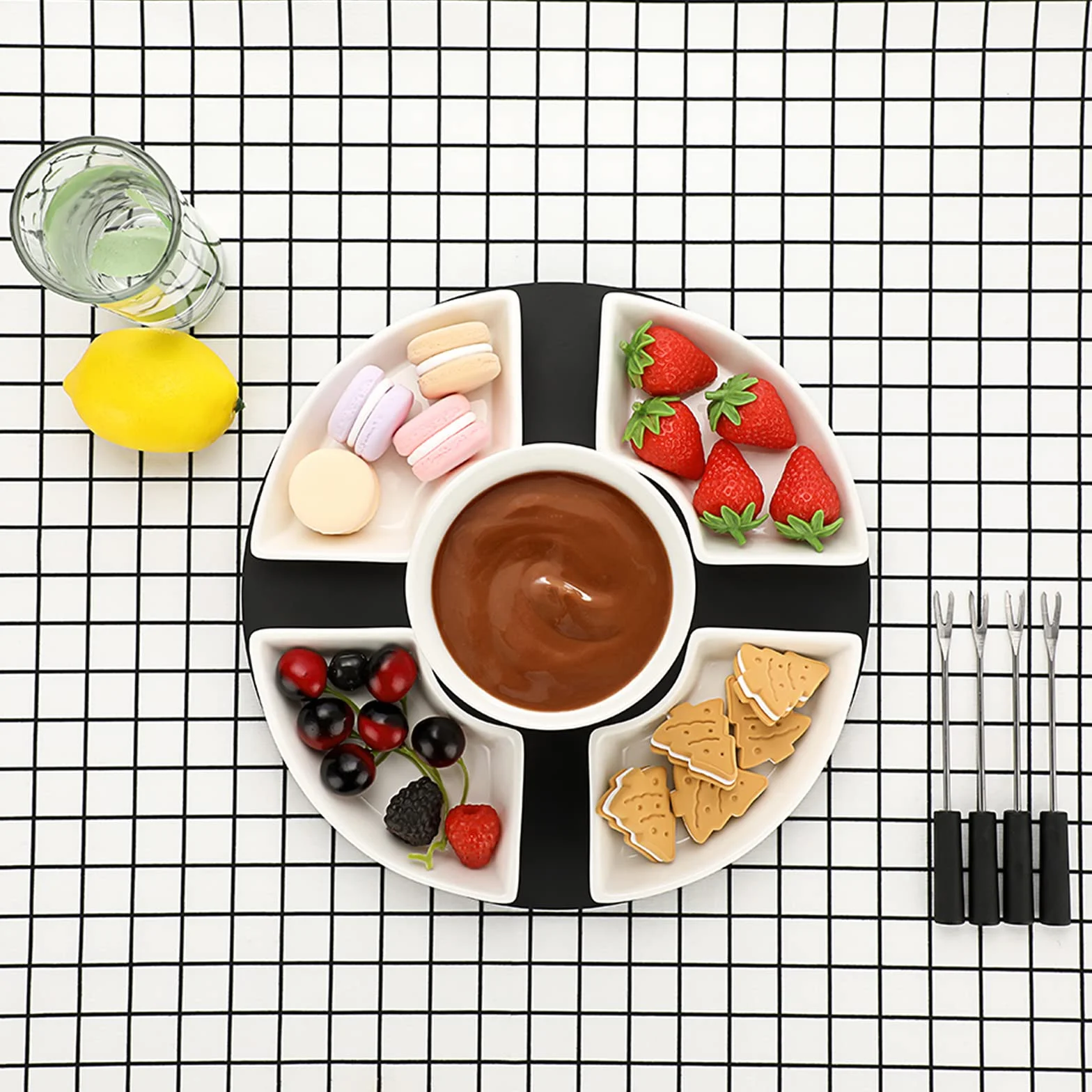 Fondue de Chocolate 300ml Cerámica Blanca Juego de Fundidor de Queso Cuadrado 11 Piezas con 4 Tenedores y Platos de Madera