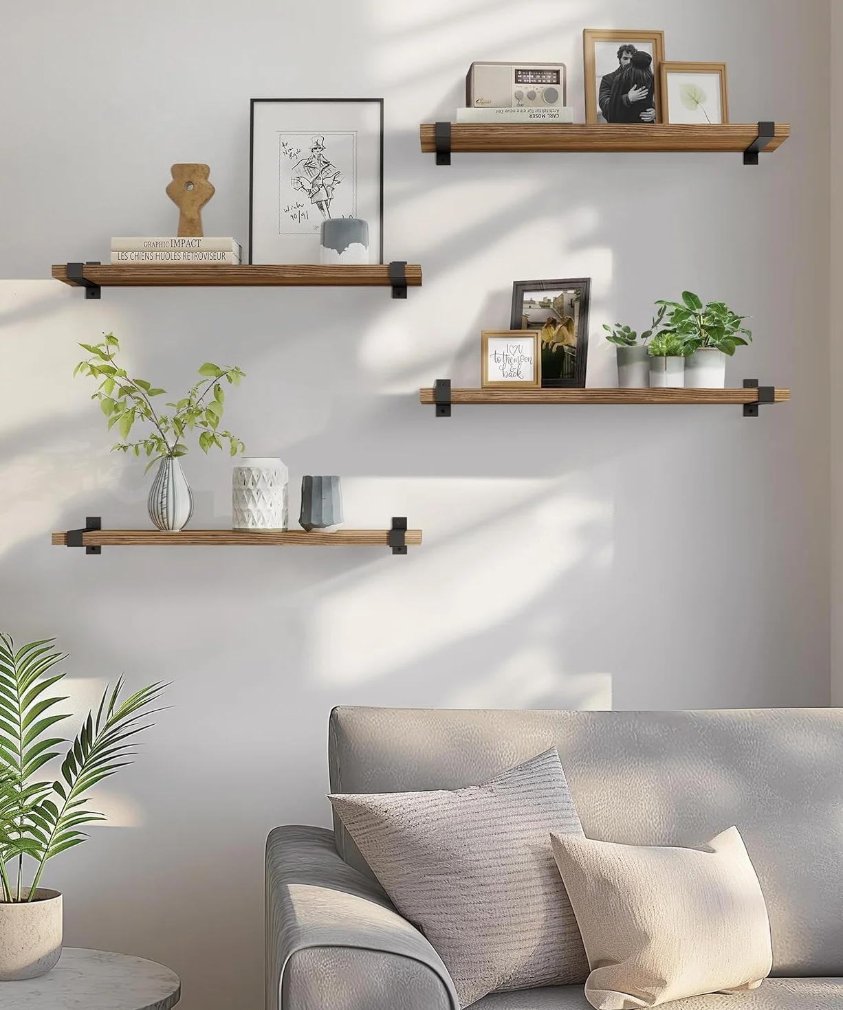 Gronda Estantería de Pared Larga, Baldas de Madera Marrón con Soporte Metal | 60cm Estantes de Pared Juego de 2, Repisa, Almacenaje, Decoración, Balda Flotante para Fotos, Plantas, para Salón