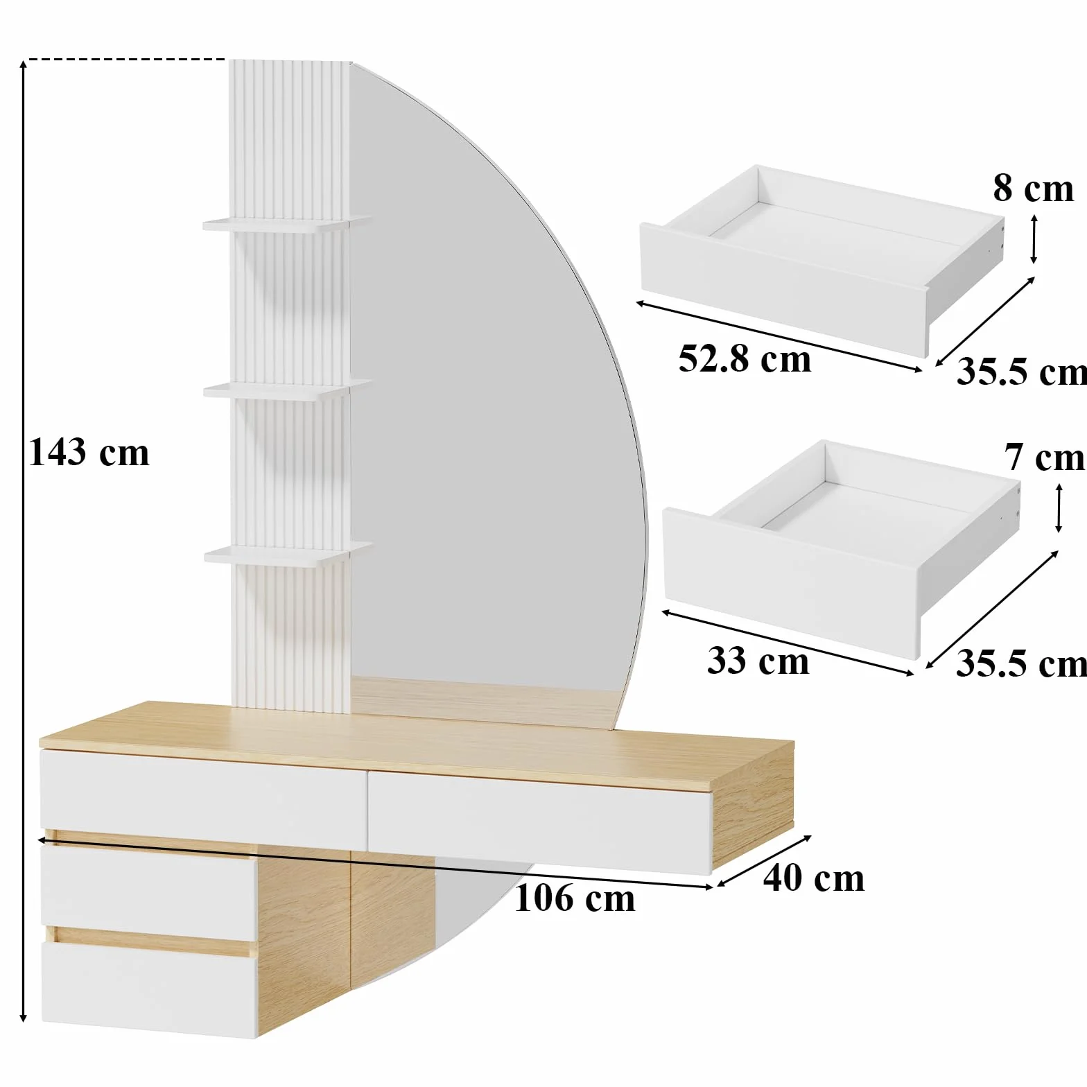 TRIUMPHKEY Tocador de Pared con Espejo en Forma de Media Luna y Luz LED Regulable, Mesa de Maquillaje Flotante con 4 Cajones y 3 Estantes, Tocador Moderno de Ahorro de Espacio para Dormitorio (Blanco)
