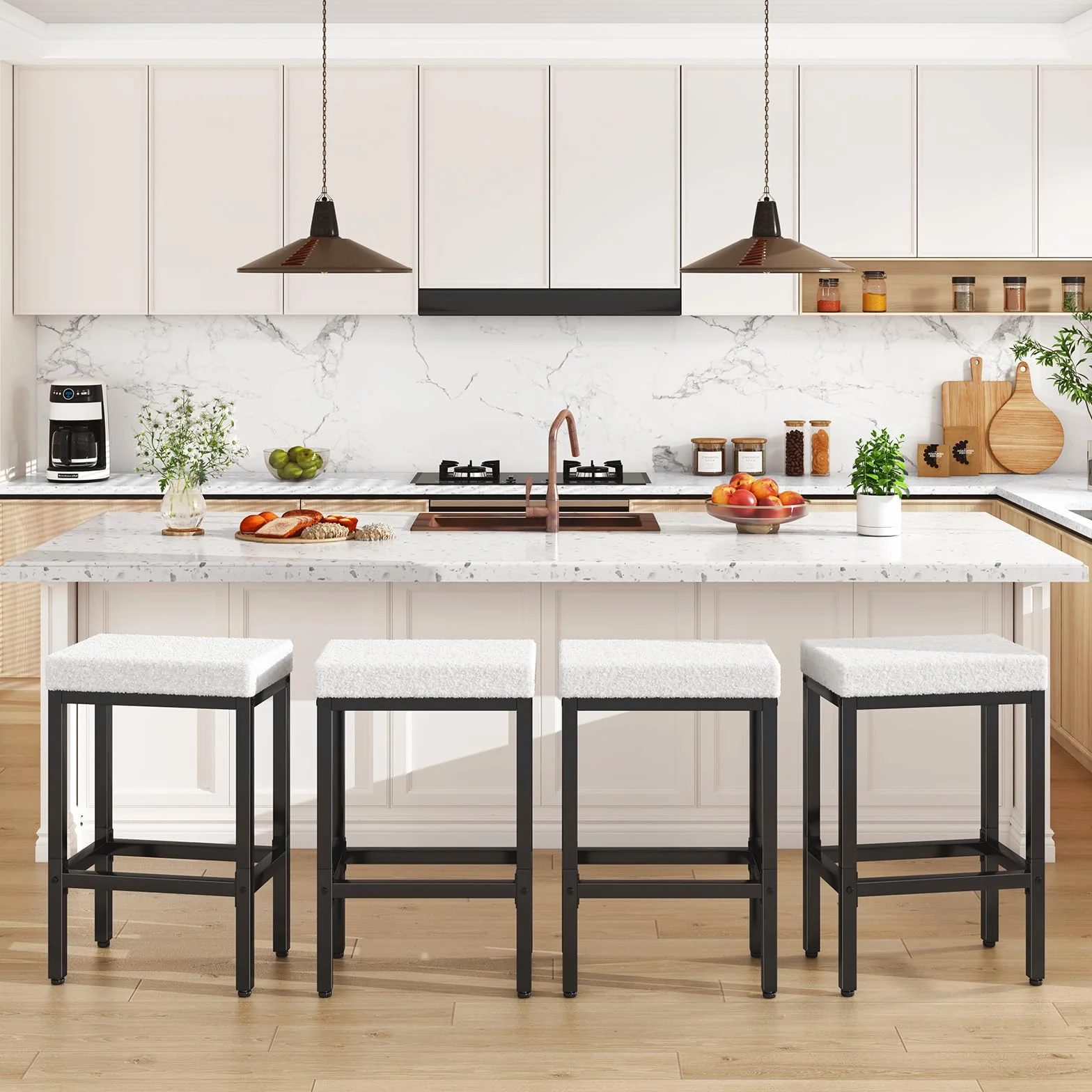 YMYNY Taburetes Altos de Cocina, 66 cm Taburete Cocina Alto, Blancos Taburetes de Bar con Pata de Metal, Silla Alta para Isla Cocina, HBS514W-2