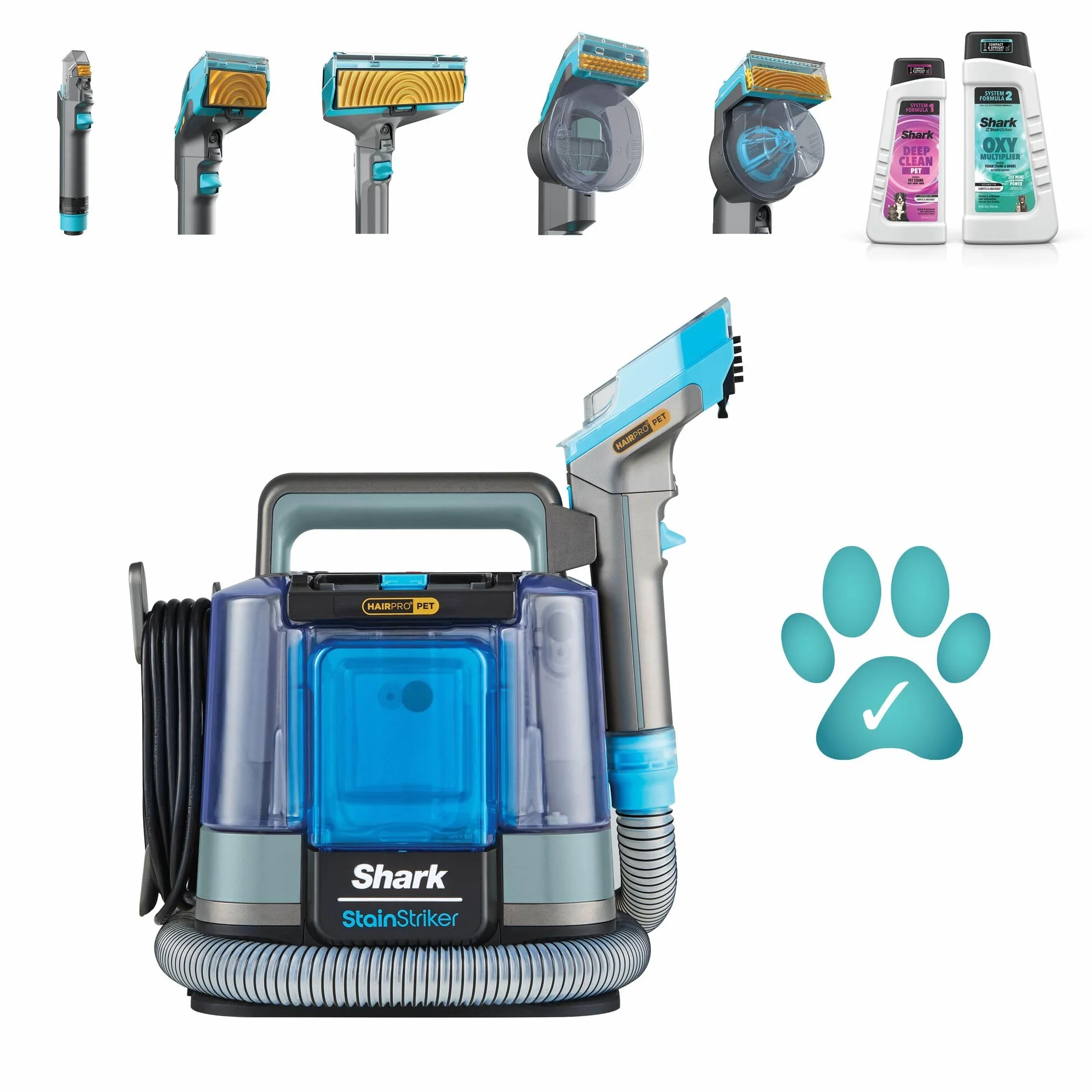 Shark StainStriker HairPro Pet Limpiador Portátil para Manchas y Pelo de Mascota - Succión de 450 W y Herramienta Extractora de Pelo - Incluye 4 Accesorios y 2 Soluciones de Limpieza - Gris, PX250EUCP