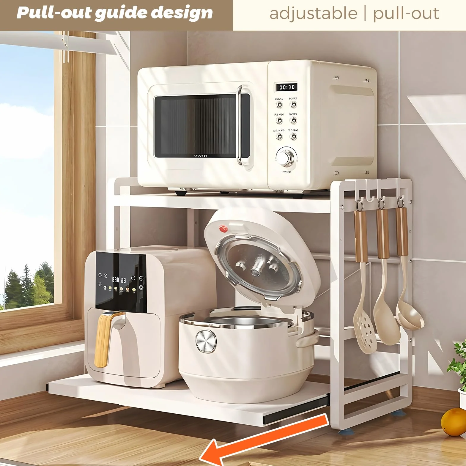 Estante de cocina con 2 niveles, altura ajustable y estante extensible con cajón, acero al carbono, ganchos y ventosas de refuerzo, fácil montaje, color blanco
