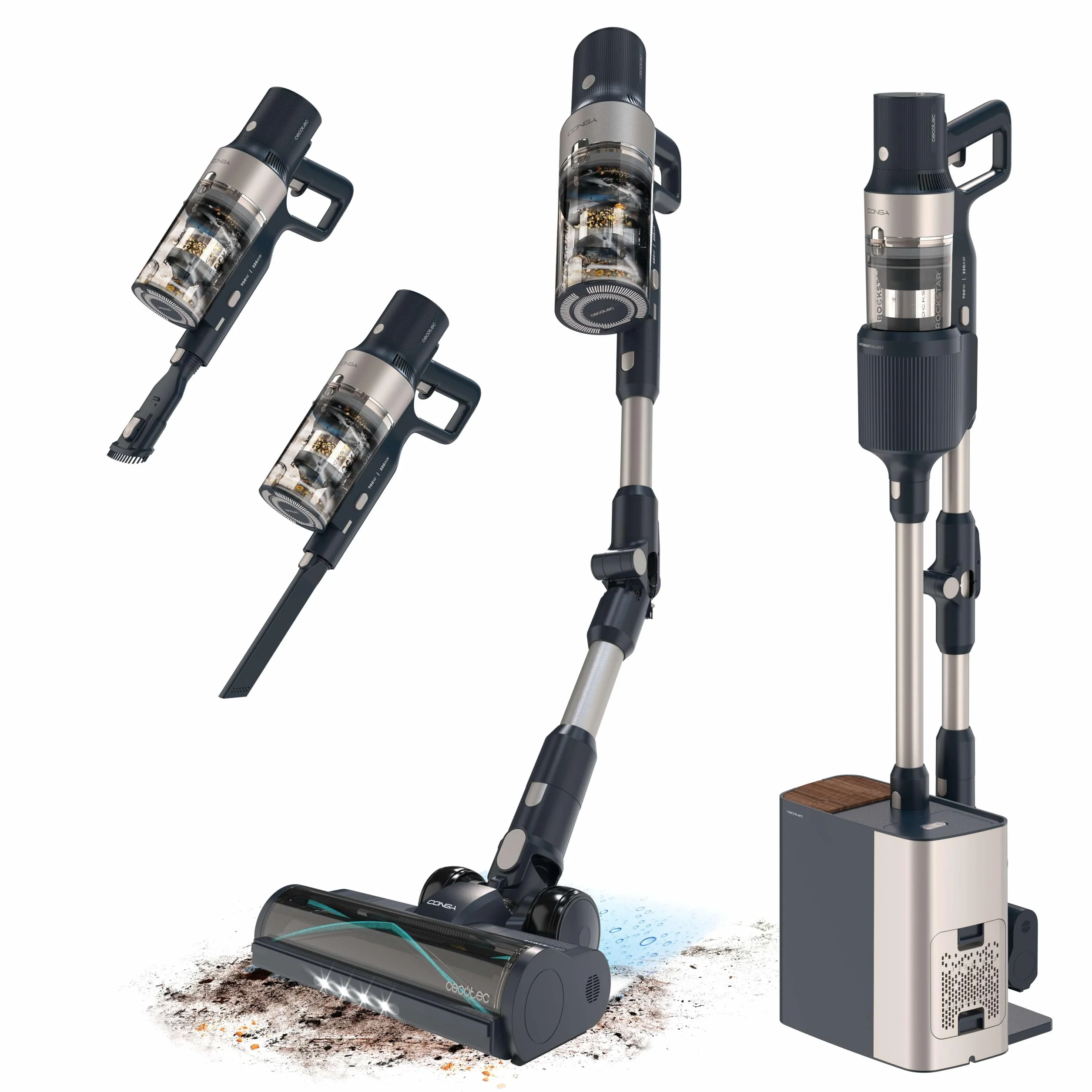 Cecotec Aspiradora Escoba Sin Cable Conga Rockstar 5500 Hurricane Station Flex, MAX 220 AW, 700 W, Base de Autovaciado, hasta 90min de Autonomía, Cepillo antienredos, Tubo Flexible y Ciclón Paralelo