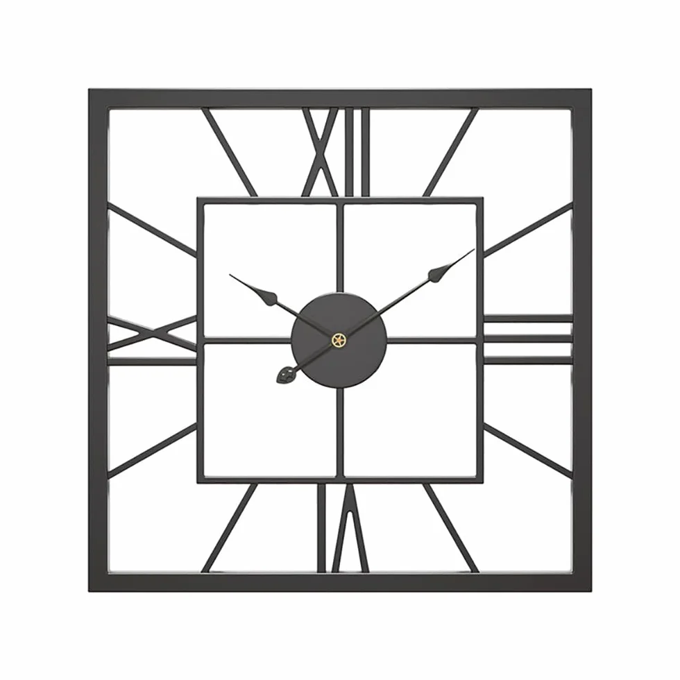 Reloj de pared vintage grande de metal negro de 50 cm, cuadrado, silencioso, números romanos, reloj colgante para sala de estar, dormitorio, cocina, cafetería, hotel, funciona con pilas, elegante