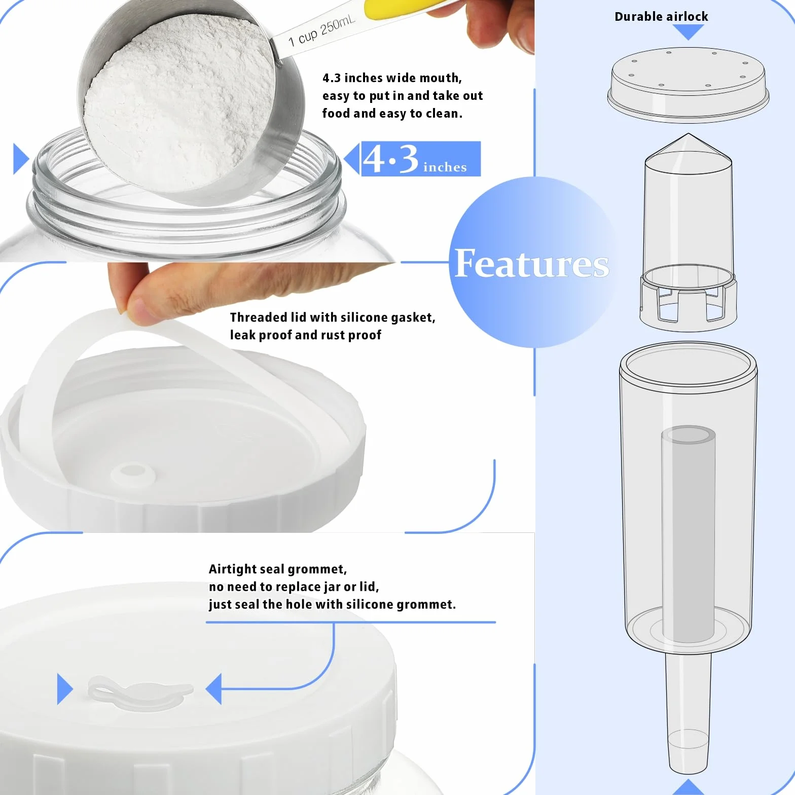 Paquete de 2 tarros de fermentación grandes con tapa y cierre de aire, tarros de vidrio de boca ancha de 1 galón con tapa de fermentación y ojal, tarros de vidrio herméticos con marca de escala para