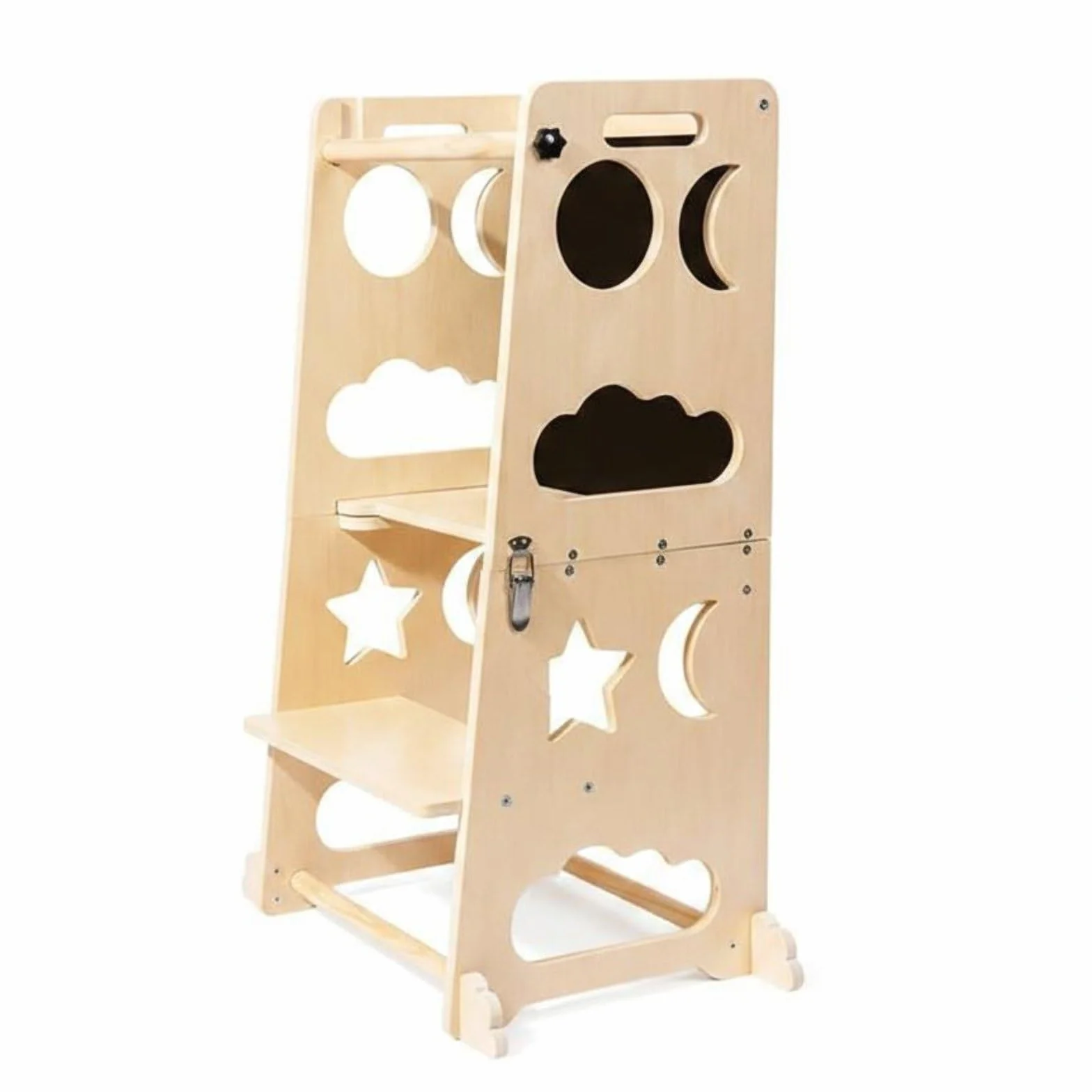 Taburete Infantil Plegable Torre de Aprendizaje Banco Escalera Cocina con Pizarra Integrada de Madera Adecuado para Rutinas Diarias Lavado de Manos, Madera Natural