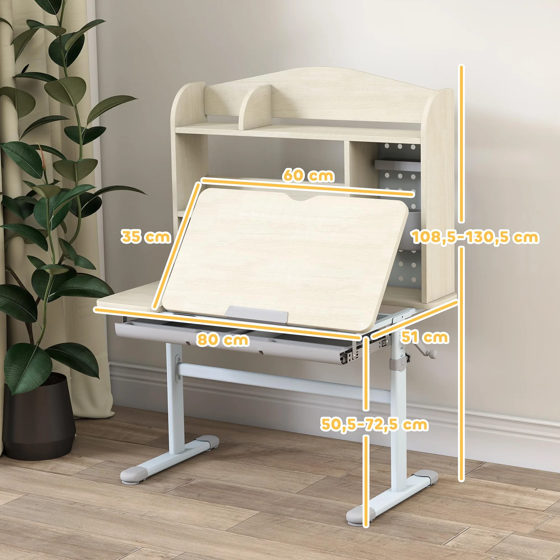 AIYAPLAY Escritorio infantil, mesa de estudio regulable en altura con tablero basculante, conejera, cajón, estante de almacenamiento, panel perforado, para leer, dibujar, estudiar, de 3 a 12 años,