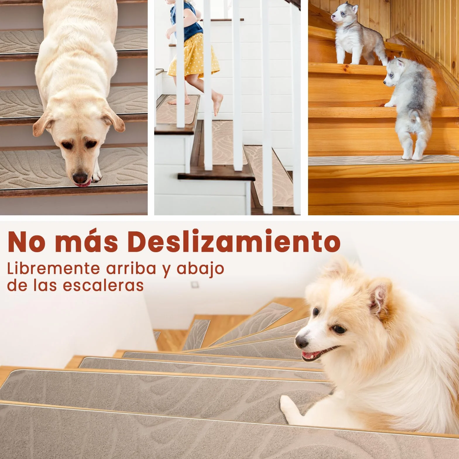 Alfombrillas para Escaleras Antideslizantes, 15 Alfombrillas Autoadhesivas Escalones Interiores, Recortables y Reutilizables - Protección para Mascotas, Mayores, Niños (Beige, 76x20 cm)