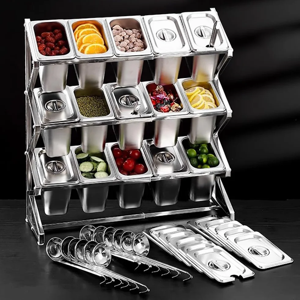Organizador De Especias Expandible, Dispensador De Alimentos De Acero Inoxidable para Encimera con Tapa Y Cuchara, Contenedor para Almacenar Alimentos De Cocina,15 Grid