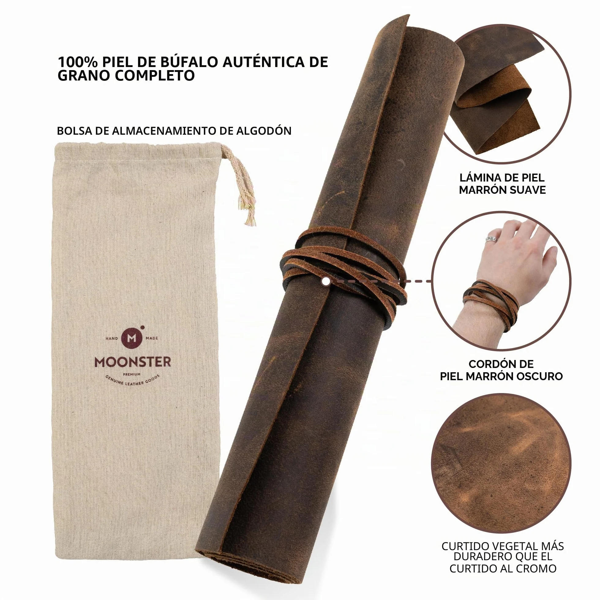 Moonster 1 Pieza de Cuero Genuino para Manualidades, Pendientes, Carteras – Piel de Búfalo Plena Flor Auténtico – Marrón Oscuro y Rojizo + Cuerda para Pulsera