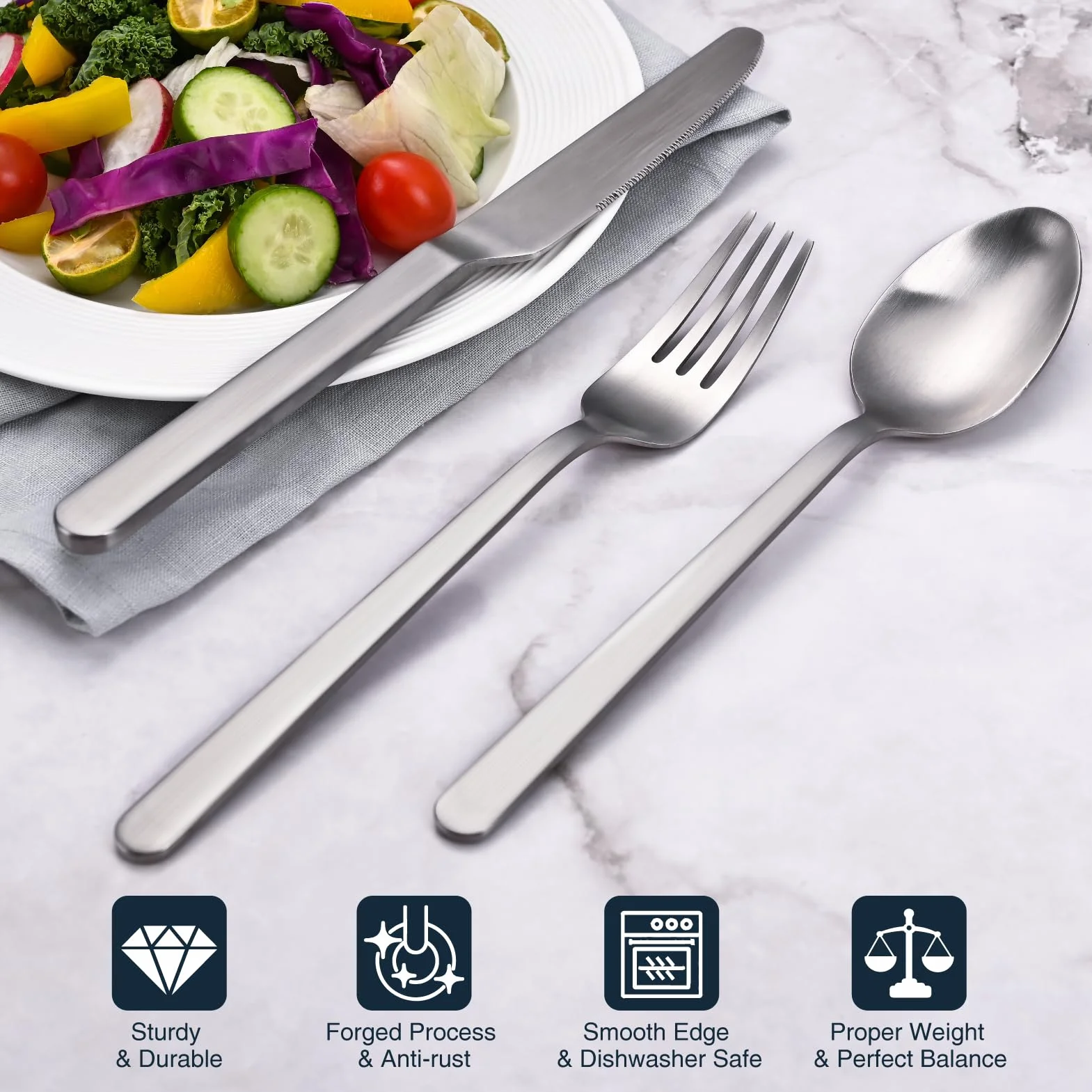 KINGSTONE Juego de cubiertos forjados, juego de cubiertos mate para 8, cubiertos de acero inoxidable 18/10, acabado satinado mate para el hogar, restaurante, boda, fiesta (plata mate)