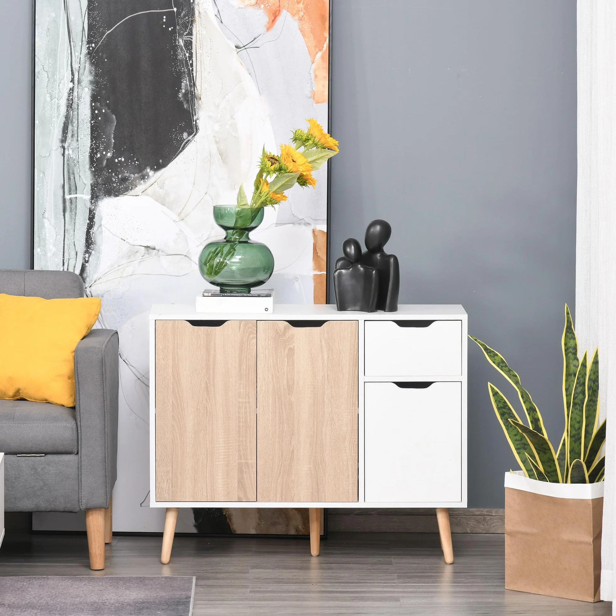 HOMCOM Aparador Moderno 90x30x72 cm Blanco y Natural con 3 Puertas y Cajón
